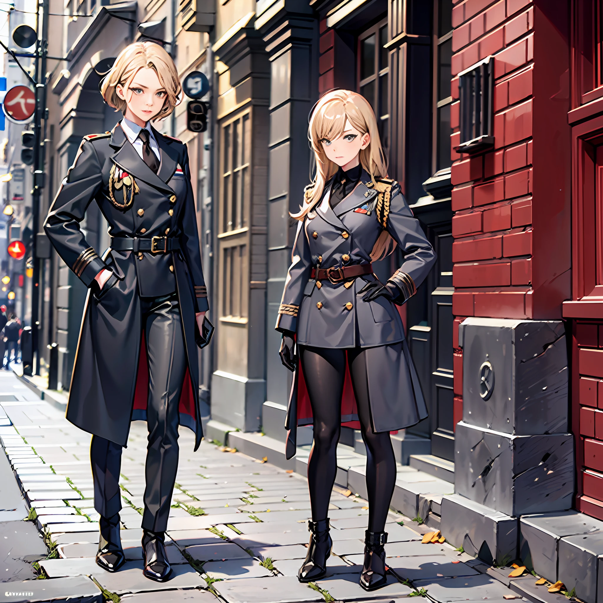 Portrait of a Woman, Tall stature, little chest, Slavic appearance: blond hair; sharp facial features; Straight nose; pronounced high cheekbones, stands upright, Guards uniform: gray double-breasted overcoat; gray pants; Black leather belt with steel clasp, Full Growth, max detail, Masterpiece quality, black leather gloves, Background: Stone paved road with European houses of the first half of the 20th century, High quality shadows, High quality of light, In his right hand is a brown leather bag.