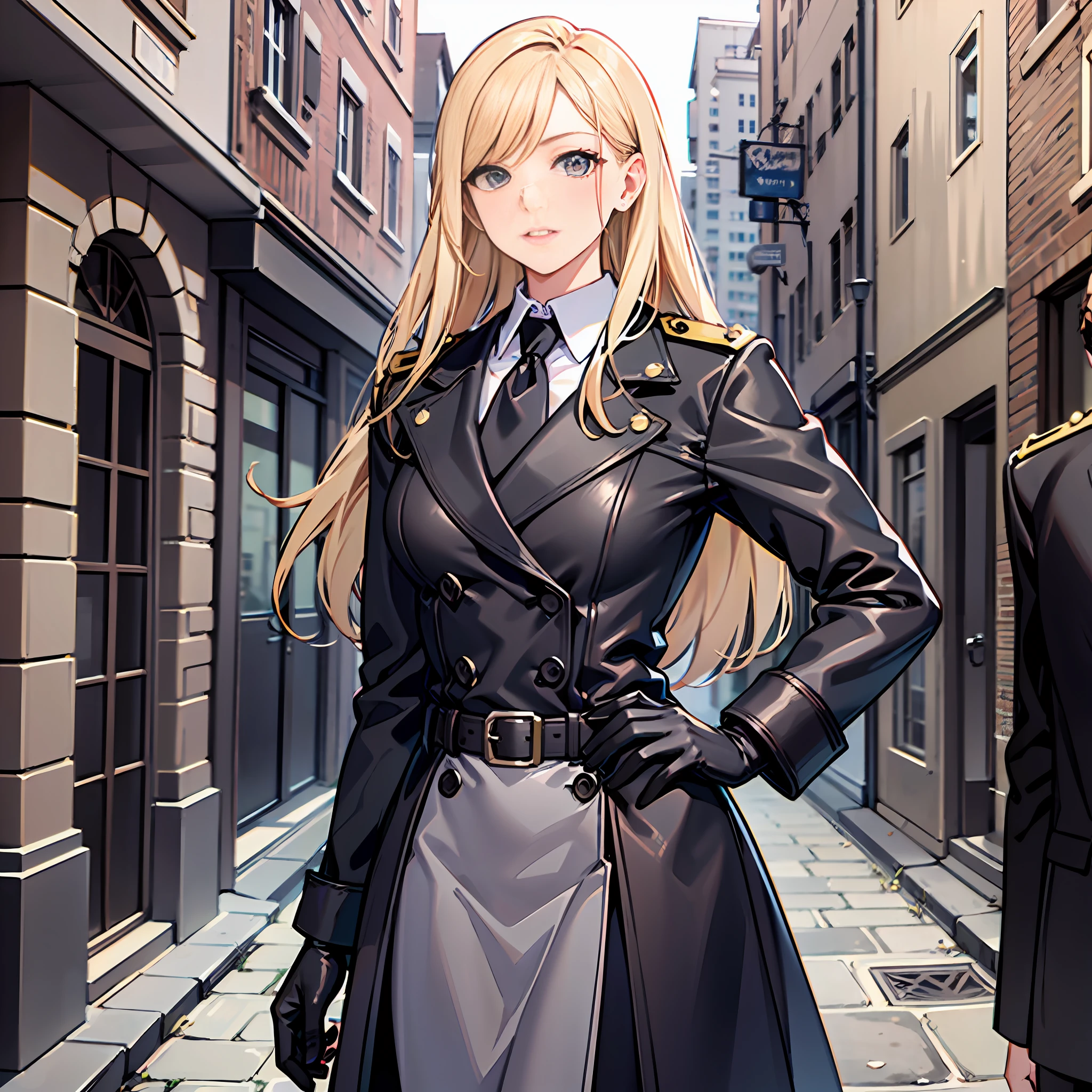 Portrait of a Woman, Tall stature, little chest, Slavic appearance: blond hair; sharp facial features; Straight nose; pronounced high cheekbones, stands upright, Guards uniform: gray double-breasted overcoat; gray pants; Black leather belt with steel clasp, Full Growth, max detail, Masterpiece quality, black leather gloves, Background: Stone paved road with European houses of the first half of the 20th century, High quality shadows, High quality of light, In his right hand is a brown leather bag.