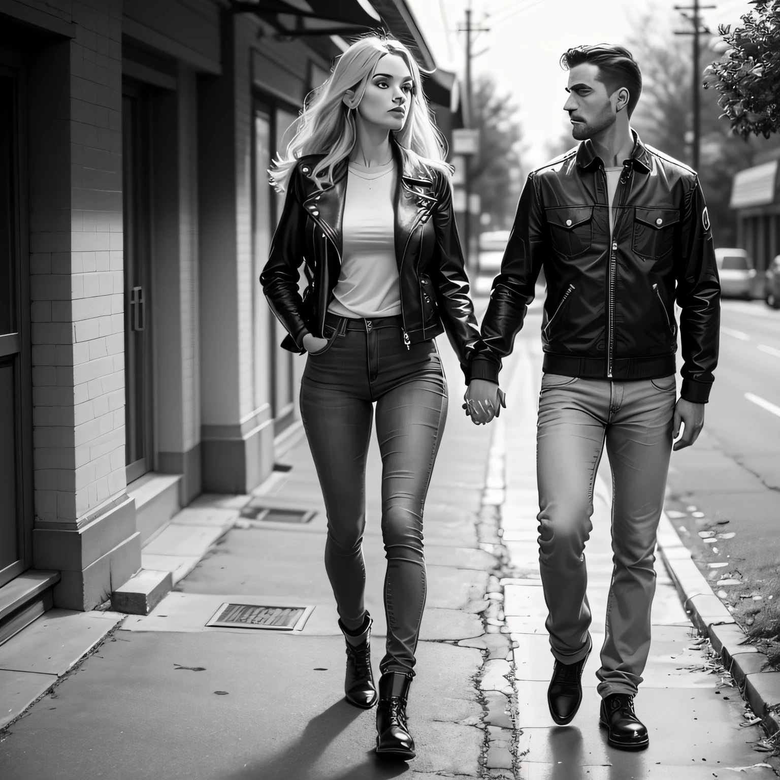 grayscale woman and man holding hands and dressed in jeans and jacket walking away down country road high quality comic strip by artist john sloane --auto