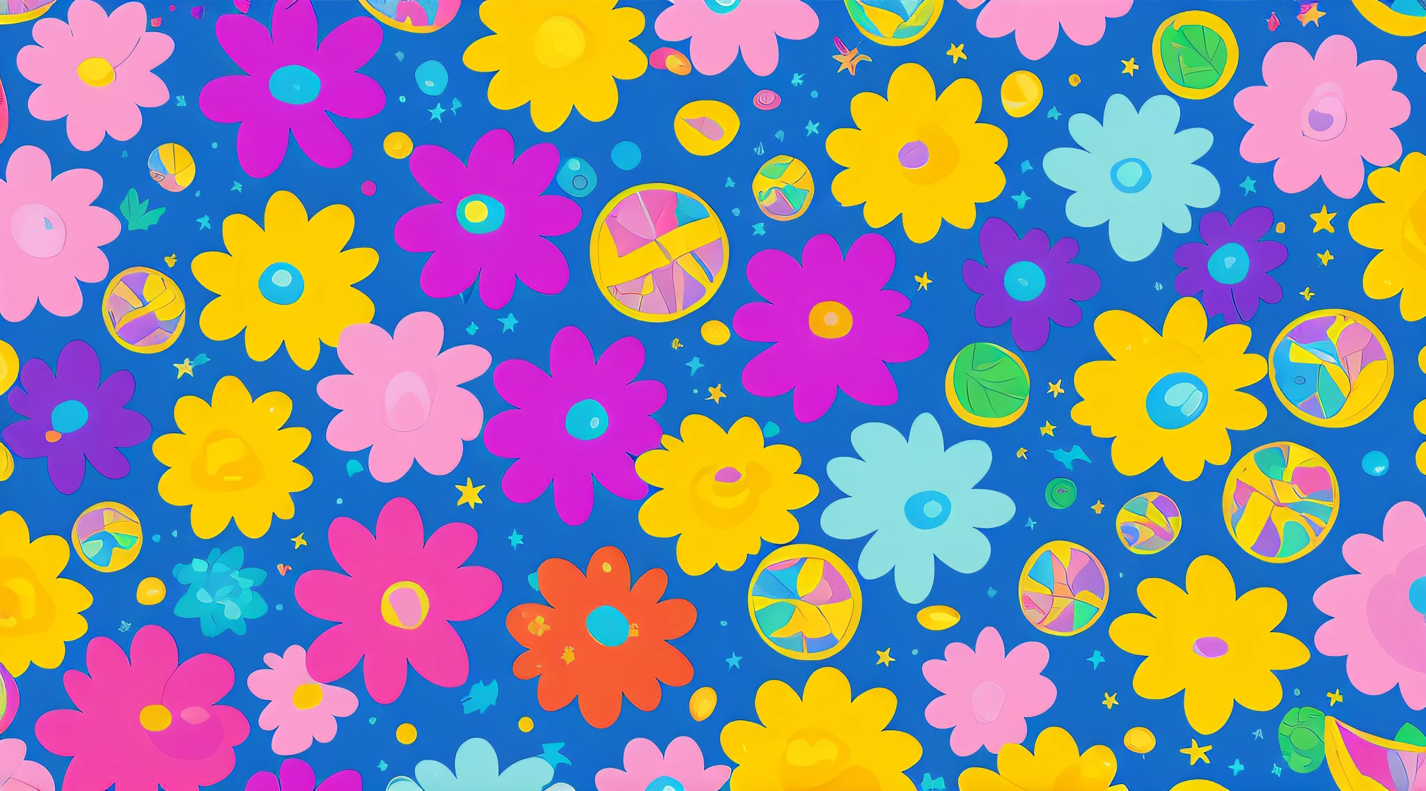 Colorful Flower Landscape, Flower field; in the style of Lisa Frank, Cartooncore, cute, adorable, bubblegum, lollipops, kawaii, hyper detailed, 8k, very detailed