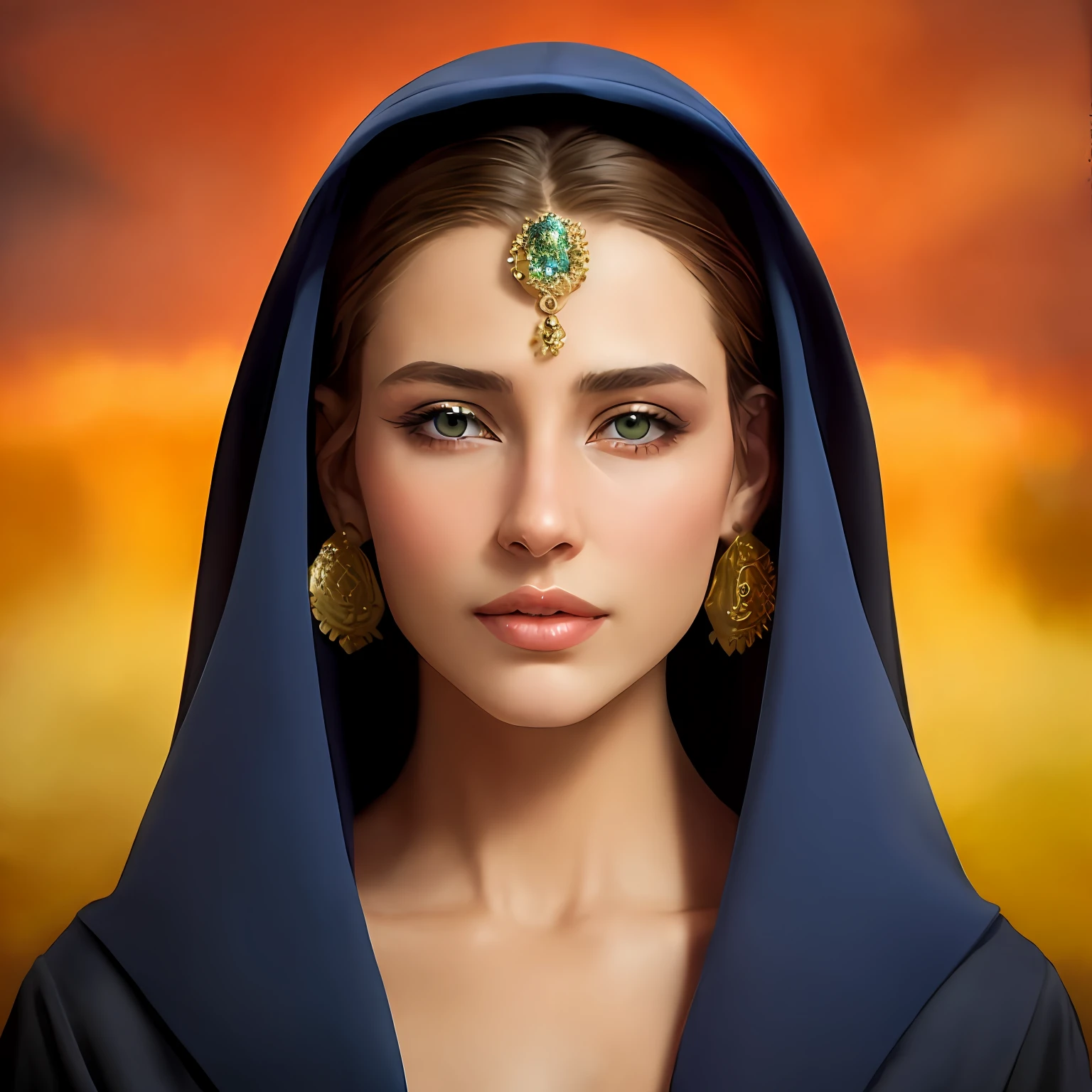 arafed woman in a blue veil with a gold and green broocher, detailed face of an arabic woman, Retrato de primer plano de la diosa, Un impresionante retrato de una diosa, 3 D Retrato de la Diosa, arabian beauty, Retrato de una hermosa diosa, arabian princess, beautiful arab woman, Piel de Oriente Medio, high quality fantasy stock photo, Toma de retrato, Mujer de belleza con caras detalladas