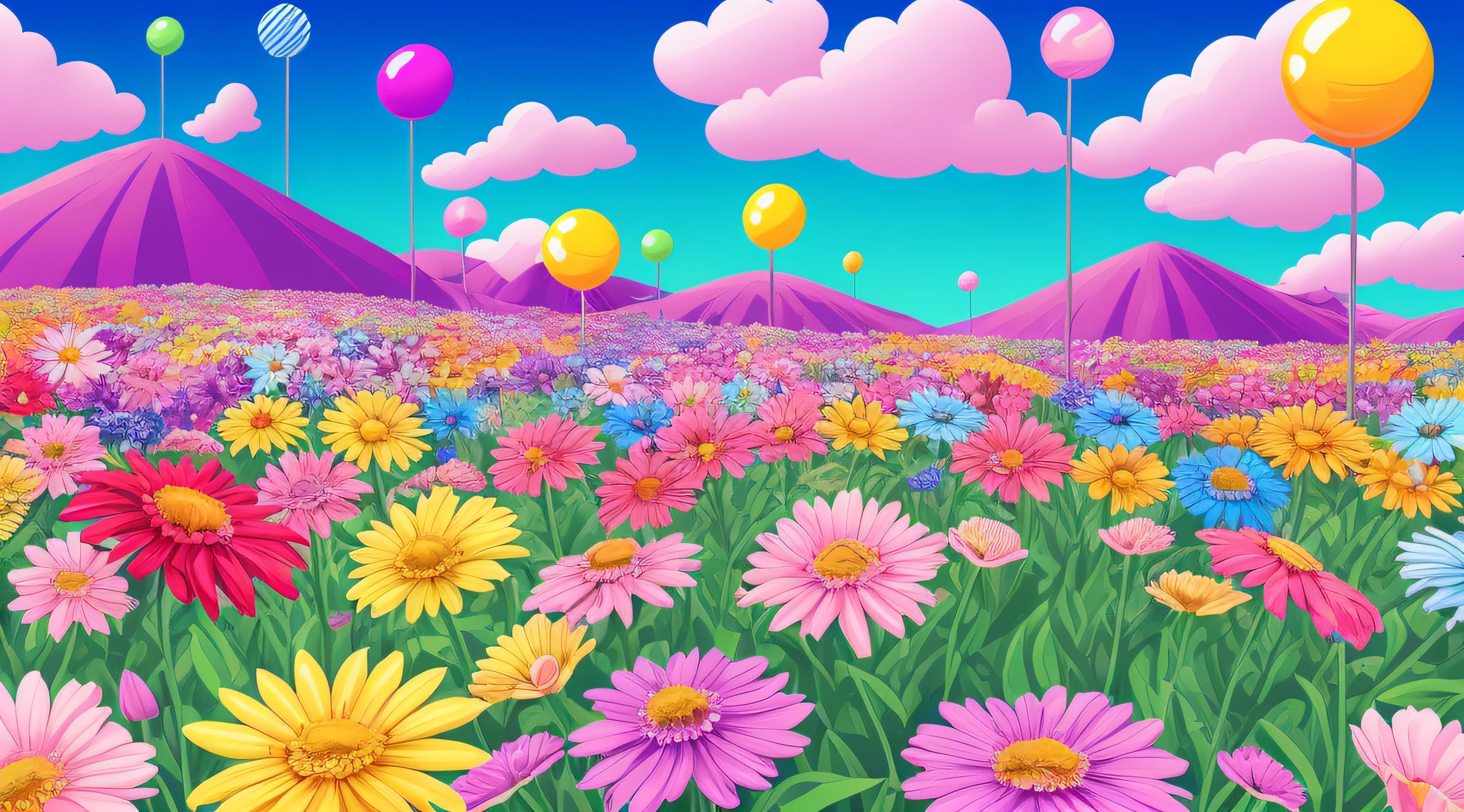 Colorful Flower Landscape, Flower field; in the style of Lisa Frank, Cartooncore, cute, adorable, bubblegum, lollipops, kawaii, hyper detailed, 8k, very detailed