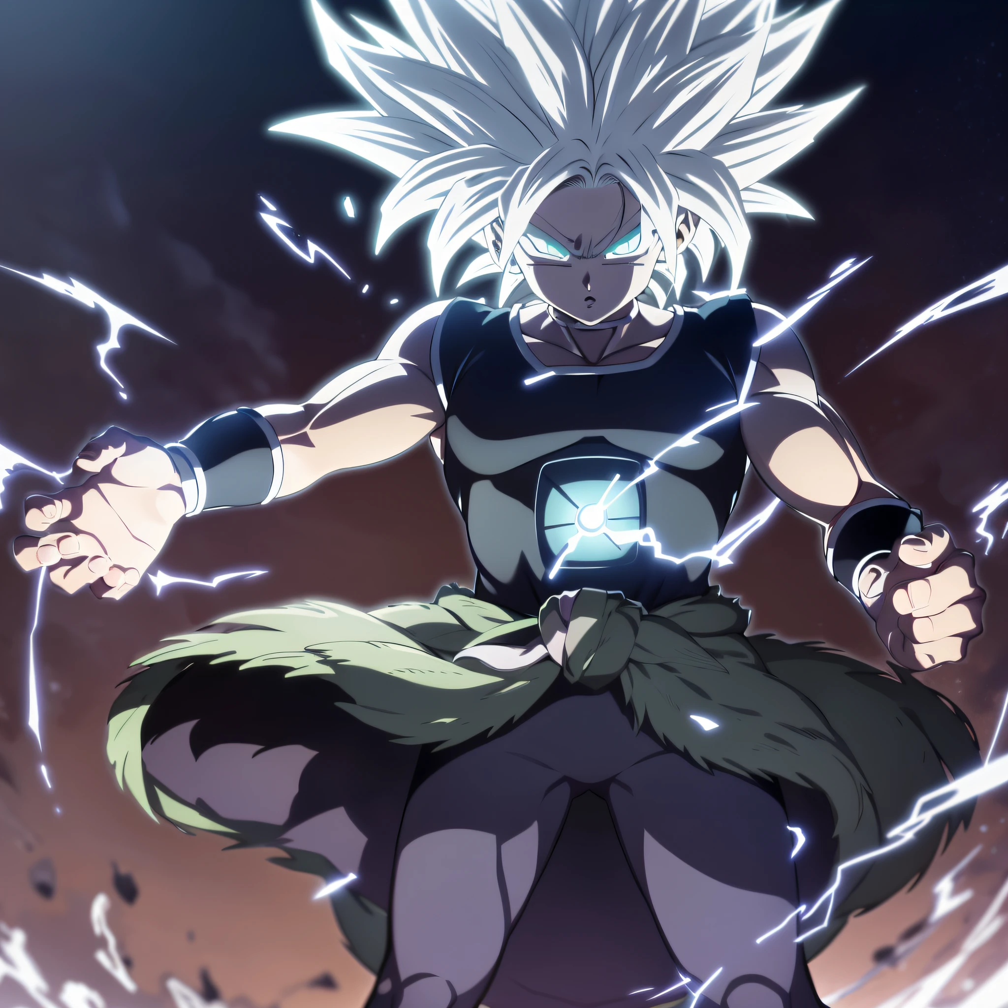 fusao dos personagens broly de dragon ball e killua de hunterxhunter, atmosfera de raios, musculoso, poder destrutivo, super definido, forma intricada, (anatomia perfeita)