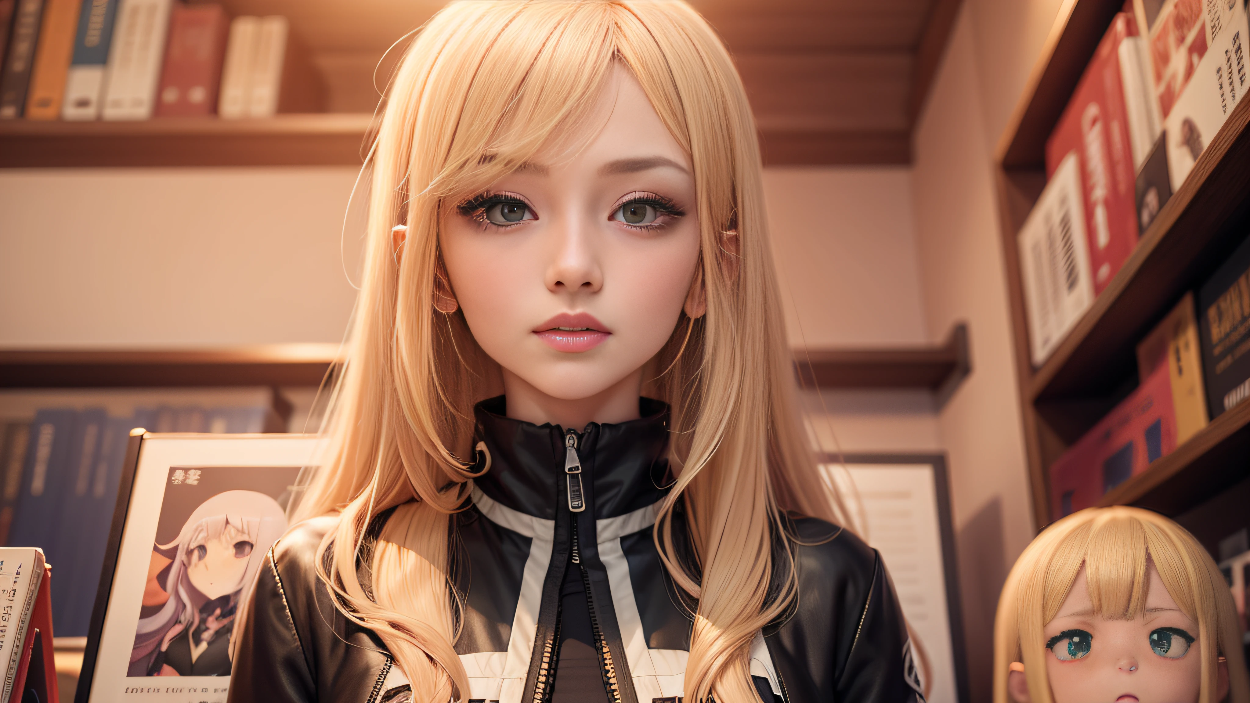 anime girl with long blonde hair and a black jacket standing in front of a bookcase, zero two, the hime cut, female anime character, in the anime film, today's featured anime still, ayaka genshin impact, anime style like fate/stay night, in an anime, blonde anime girl with long hair, anime portrait of shiina ringo, live action --auto