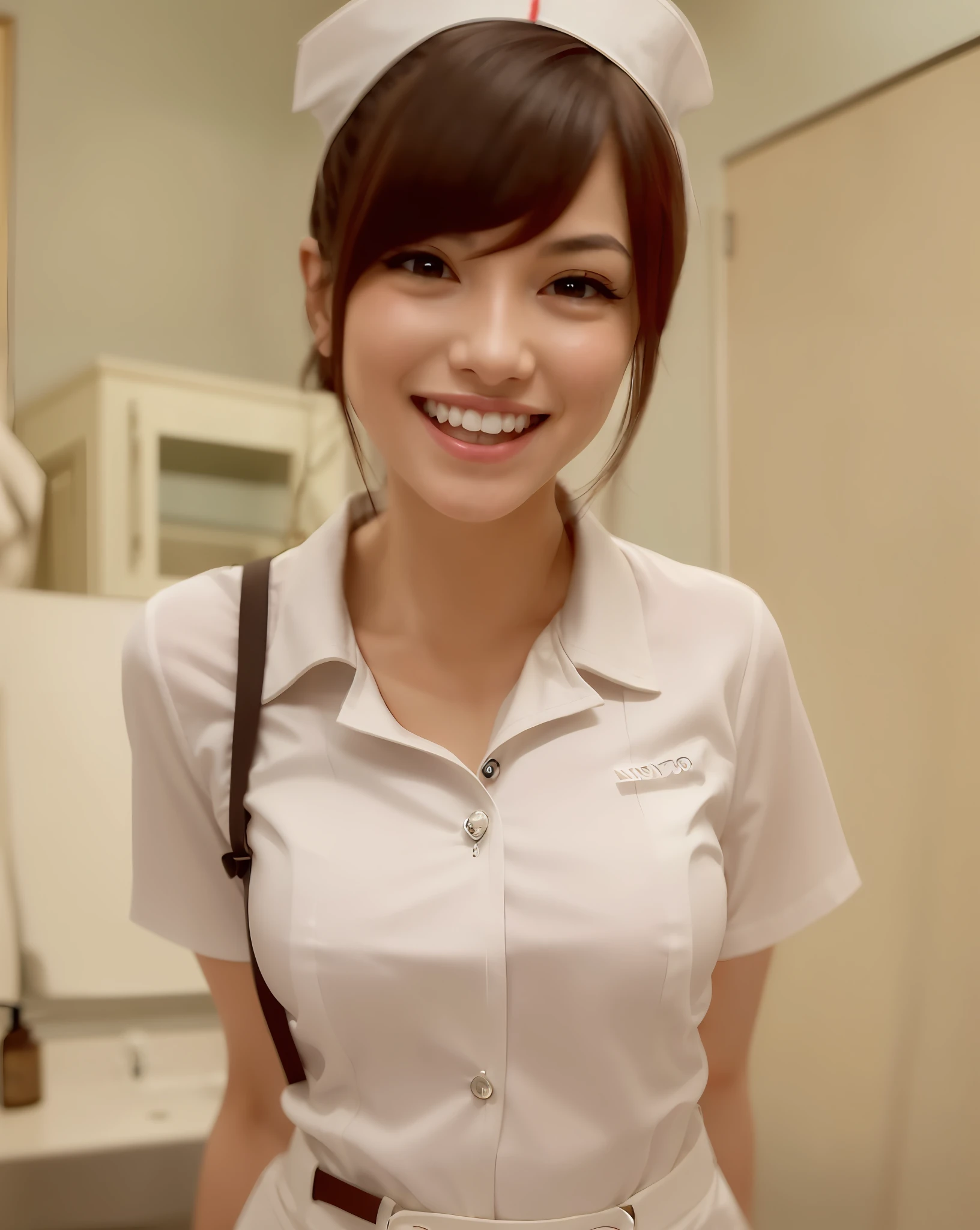 arafed woman in a white uniform smiling in a bathroom, slight cute smile, friendly seductive smile, lovely smile, cute slightly nerdy smile, cute seductive smile, smiling sweetly, teasing smile, slight friendly smile, warm and gentle smile, Cute smile, pretty smile, very big smile, Realistic young gravure idol, slight smile expression、looking a viewer