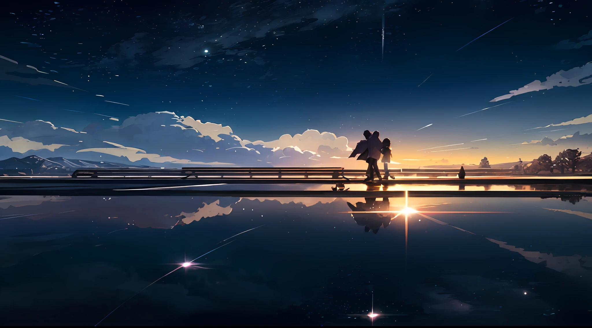 Masterpiece, anime train passing through bodies of water on tracks, bright starry sky. Romantic train, Makoto Shinkai's picture, pixiv, concept art, lofi art style, reflection. by Makoto Shinkai, lofi art, Beautiful anime scene, Anime landscape, detailed scenery —width 672, in style of Makoto shinkai, style of Makoto shinkai, enhanced details.