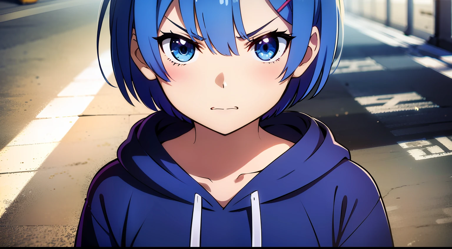 Masterpiece, rem rezero, short hair, blue eyes, angry face, blue hoodie, in the middle of the street, close up, portrait,