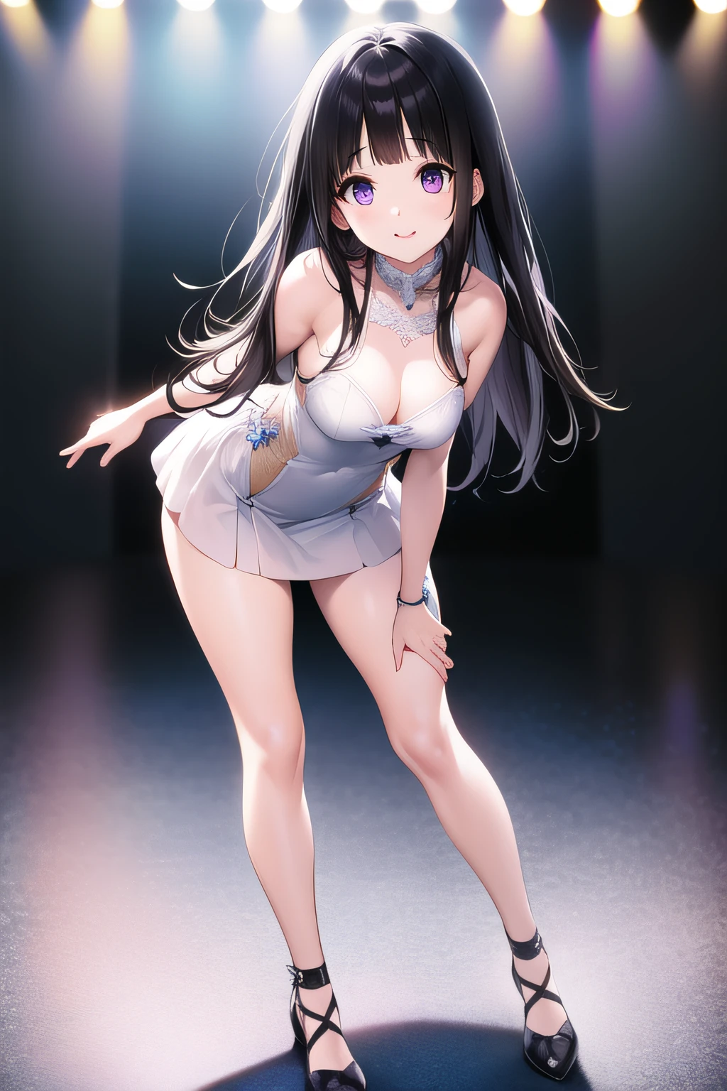 A superb exquisite Chitanda Eru, full body, (looking at camera), hands behind, purple eyes, black hair, natural straight hair, straight bangs, solo, ((idol)), ((on stage)), extremely delicate, straight facial features, peerless beautiful girl, soft, (sensual), (kawaii), dreamy quality, light white and dark brown, exaggerated facial features, solid color, frank holly, delicate face, bright lips smiling, slender waist, soft curves, real light and shadow, super fine, 4k, natural moving, Ultra high resolution, (masterpiece:1.2, best quality), (finely detailed beautiful eyes: 1.2), (beautiful detailed face)