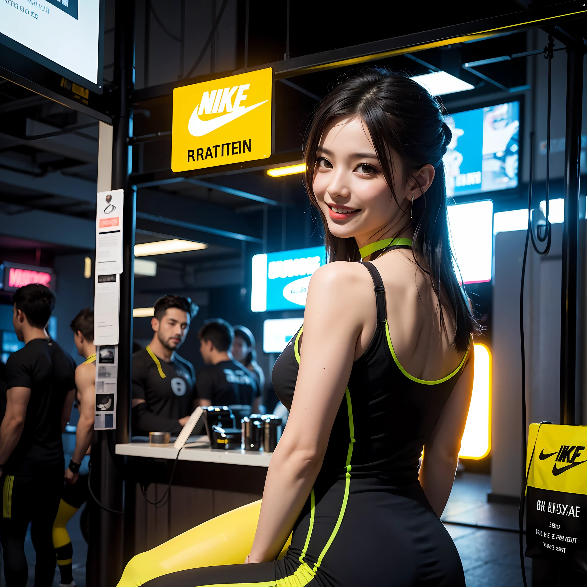Best quality,A Masterpiece,Ultra-high resolution fills the picture,Indoor at night,Neon lights,Yellow color scheme,haired,black color hair,Black and yellow tights,Black and yellow color scheme clothing,Sports and fitness clothing equipment,Complex background,Weight instruments in the background,Lateral face,Smiling,Dress less,There are fitness elements in the rear,nike,Tech gym,Perfect makeup,Beautiful,generous,Love eyes,8K quality,Cyberpunk,Sense of technology,Character backlighting,rim light,Movement changes,Flowing hairstyle,Loose hairstyle,The number of fingers is refined,7 avatar diagrams,Fairy air fluttering,Flowing luminous earrings,of a glowing choker,Wear an electronic watch,The most beautiful girl in mankind,Delicate close-up of the face,Realistic image quality,Super light and shadow,Very good figure,Star,meticulous,Wall arrow symbol,Brand sense,English slogan neon,English single-word slogan,Indoor at night,All kinds of neon lights,Cyberpunk,blond