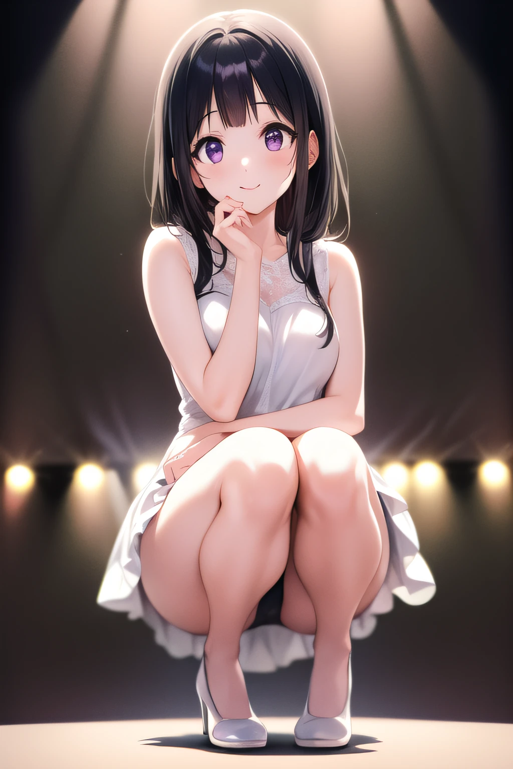A superb exquisite Chitanda Eru, full body, (looking at camera), hands behind, purple eyes, black hair, natural straight hair, straight bangs, solo, ((idol)), ((on stage)), extremely delicate, straight facial features, peerless beautiful girl, soft, (sensual), (kawaii), dreamy quality, light white and dark brown, exaggerated facial features, solid color, frank holly, delicate face, bright lips smiling, slender waist, soft curves, real light and shadow, super fine, 4k, natural moving, Ultra high resolution, (masterpiece:1.2, best quality), (finely detailed beautiful eyes: 1.2), (beautiful detailed face)