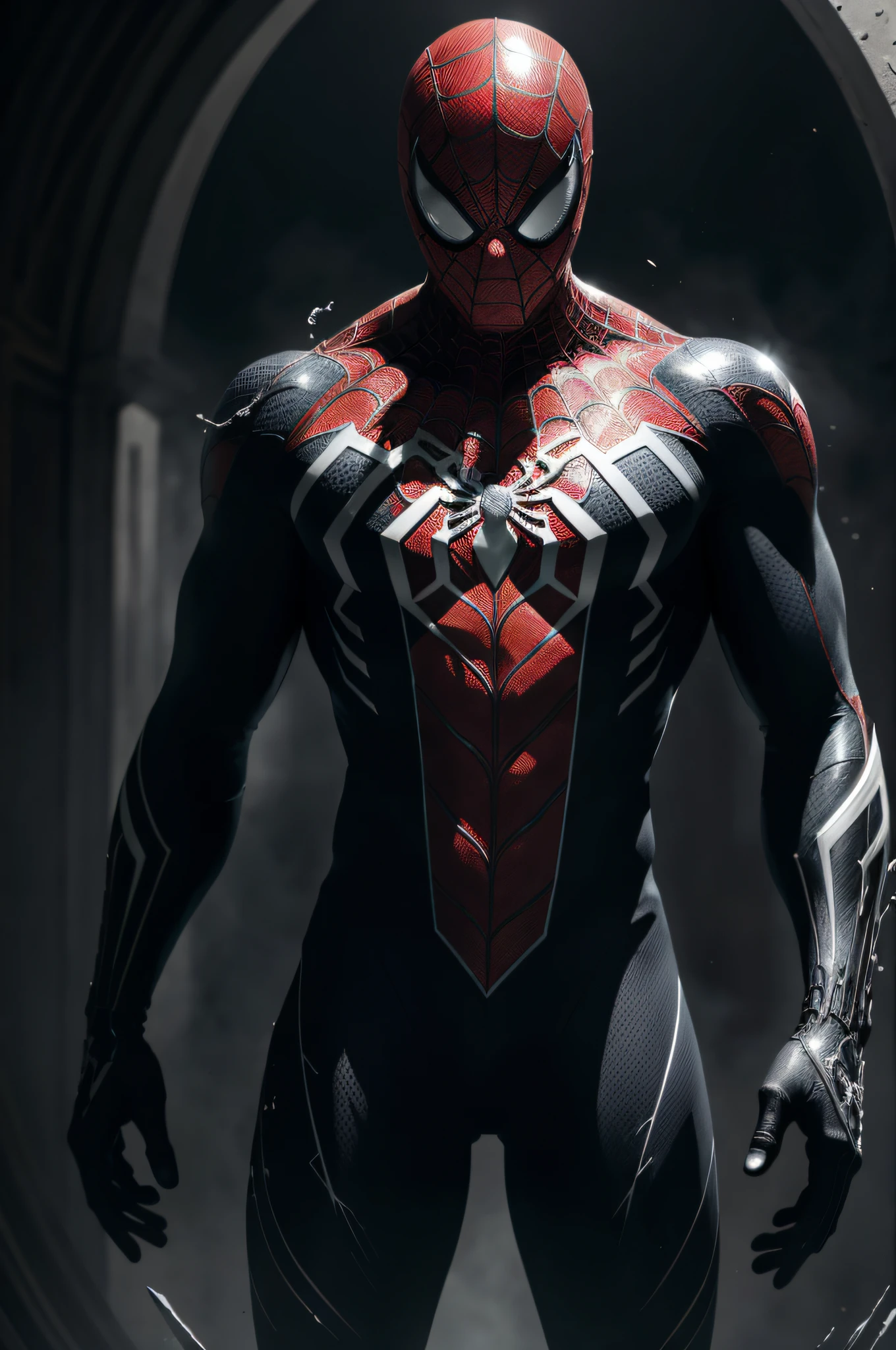 (8k, RAW photo, best quality, masterpiece: 1.2), ultra detailed, official art, photo-realistic: 1.37, spider man, black suit, spider in the center of your chest in white, organic looking clothing, gooey testura, symbiote, art, PS5 cinematic screenshot, highly detailed and detailed cinematic rendering, ultra photorealistic raytricing, with cinematic lightingaction pose