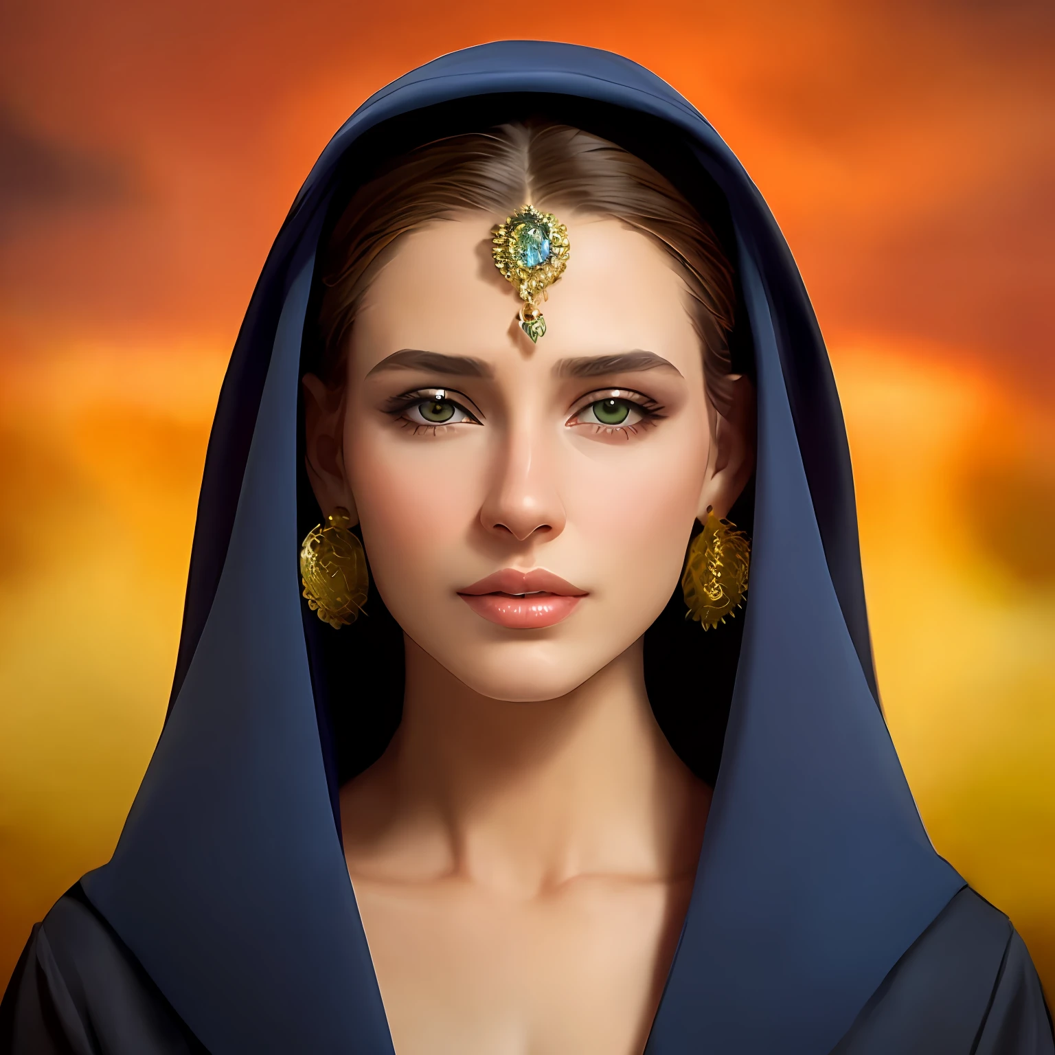 arafed woman in a blue veil with a gold and green broocher, detailed face of an arabic woman, Retrato de primer plano de la diosa, Un impresionante retrato de una diosa, 3 D Retrato de la Diosa, arabian beauty, Retrato de una hermosa diosa, arabian princess, beautiful arab woman, Piel de Oriente Medio, high quality fantasy stock photo, Toma de retrato, Mujer de belleza con caras detalladas