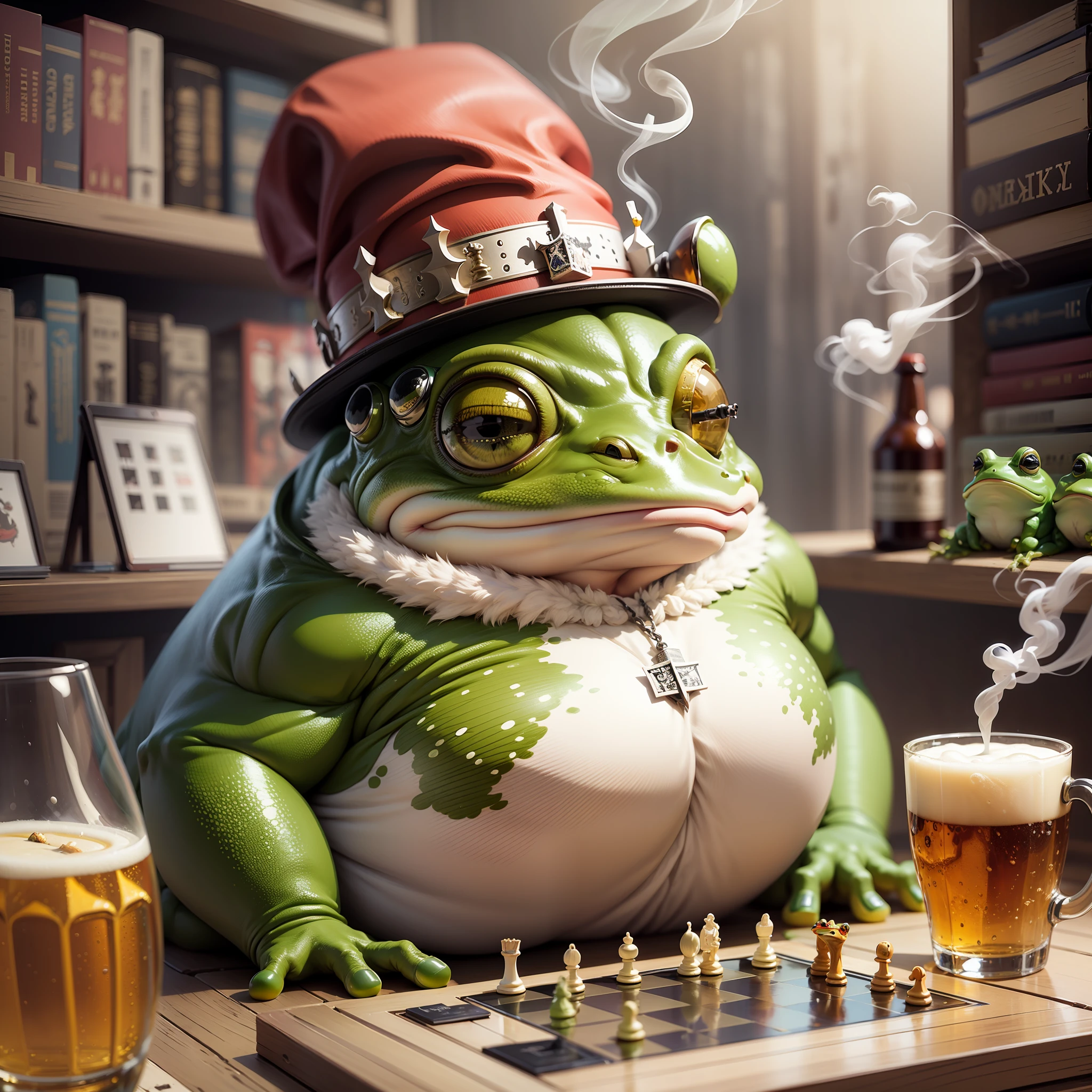 Create a fat frog with a hat playing chess. The frog is smoking cigarettes and drinking beer. The frog is also accessories and has a piercing. There is a library in the background of the image and a picture of the Templars. Add other interesting information to the image. High Definition Image. --auto