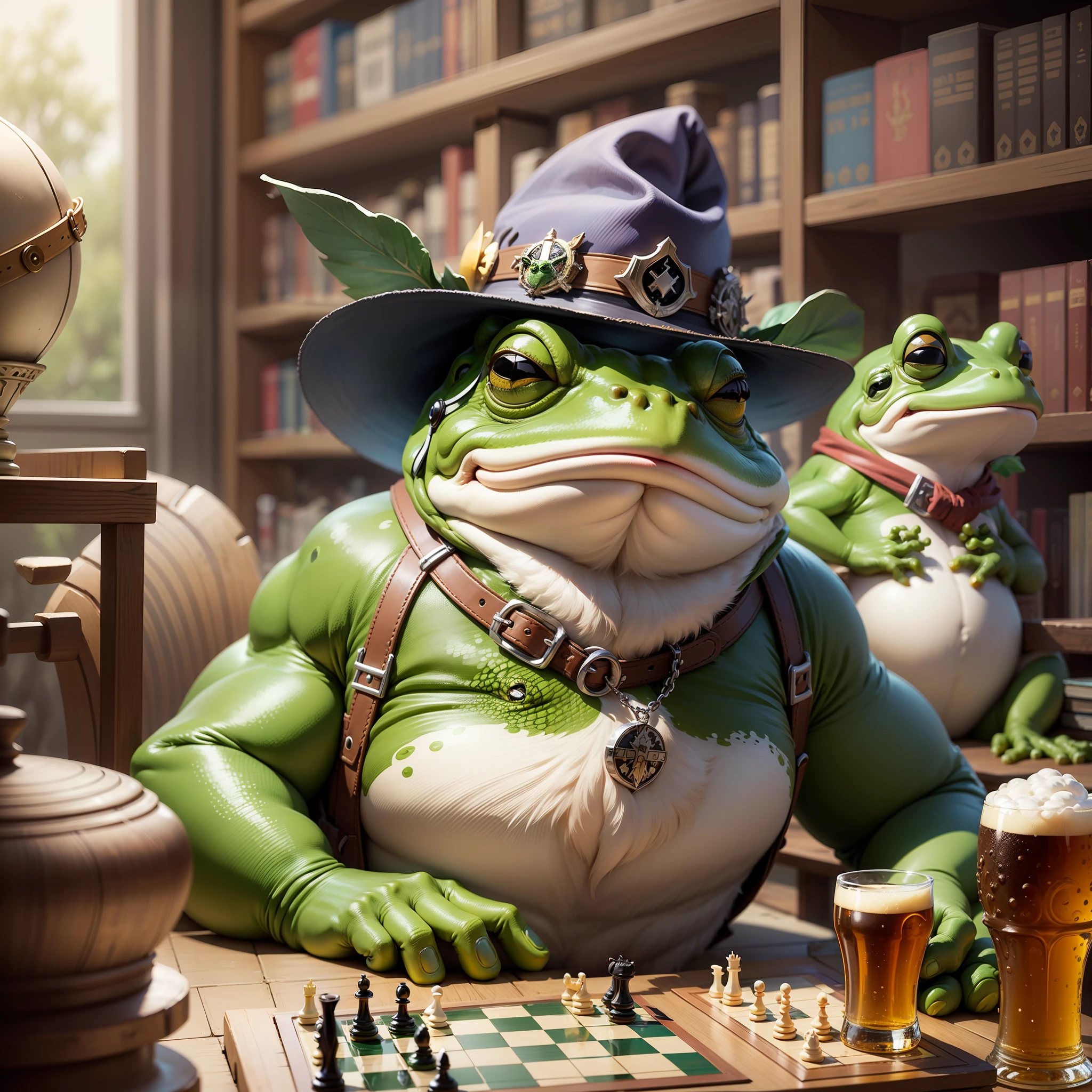 Create a fat frog with a hat playing chess. The frog is smoking cigarettes and drinking beer. The frog is also accessories and has a piercing. There is a library in the background of the image and a picture of the Templars. Add other interesting information to the image. High Definition Image. --auto