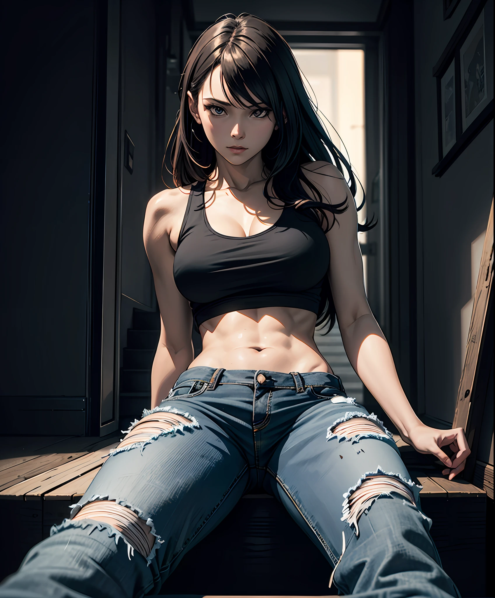 beautiful woman,sitting on some stairs, ripped jeans, tank top, ((pulls up her shirt)) , slightly muscular, Beautiful anime waifu style girl, hyperdetailed painting, luminism, art by Carne Griffiths and Wadim Kashin concept art,  post-apocalyptic background, abstract beauty, approaching perfection, pure form, golden ratio, minimalistic, dark atmosphere, unfinished, concept art, intricate details, 8k post production, high resolution, hyperdetailed, trending on artstation, sharp focus, studio photo, intricate details, highly detailed, by Jon Bauer