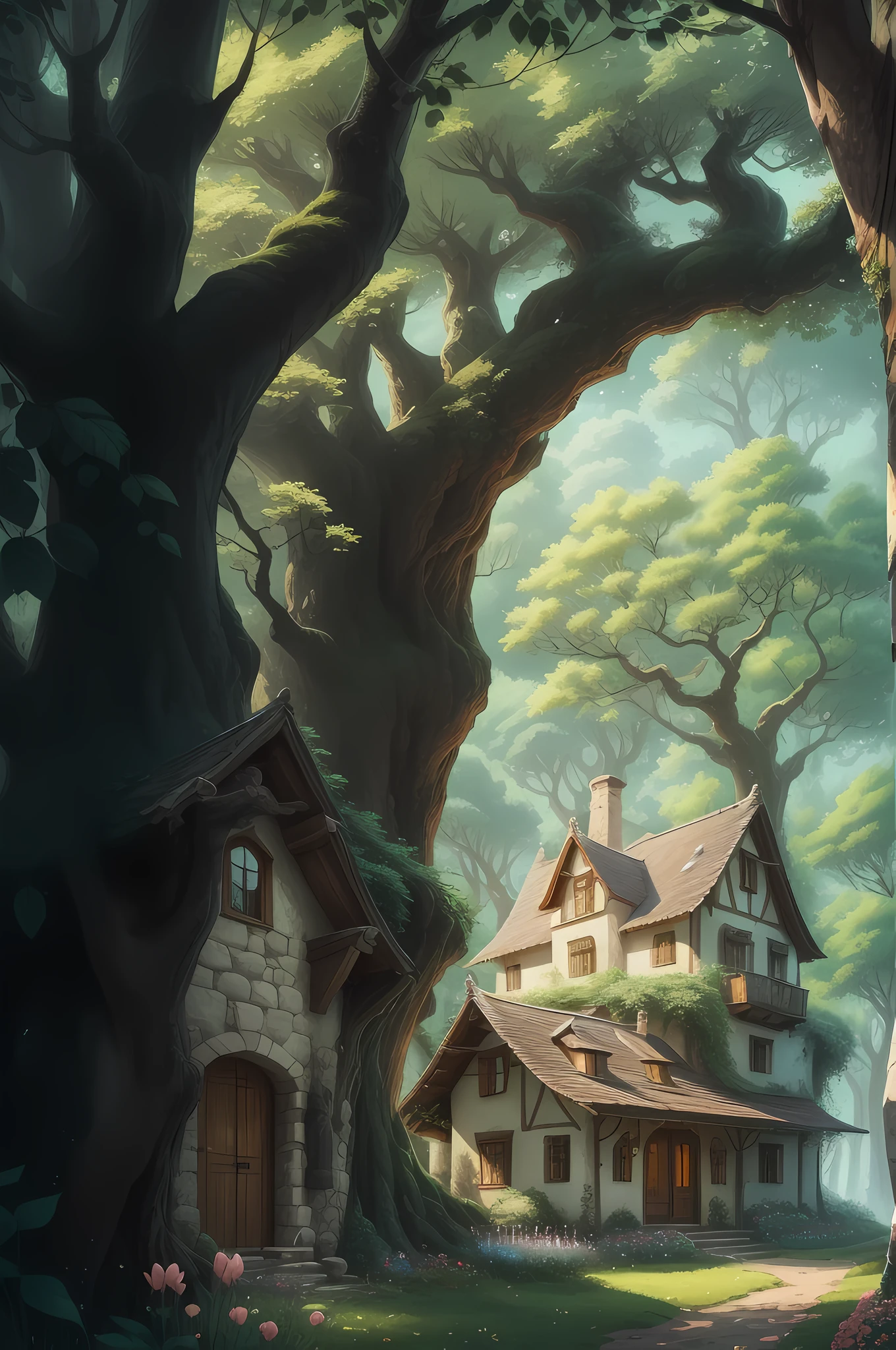 ((realistic light, superlative, 8K, A Masterpiece: 1.3)), Scenery of the Swiss countryside, Studio Ghibli, Beautiful stone house covered with flowers, A house made of stone, The House of Honor, A great home for yourself, Beautiful 1000-year-old tree, A very mysterious tree, A small and beautiful house located under a very noble tree. Very large and huge tree, A huge 5000-year-old tree with a variety of plants growing, Only one house, Beautiful flowers