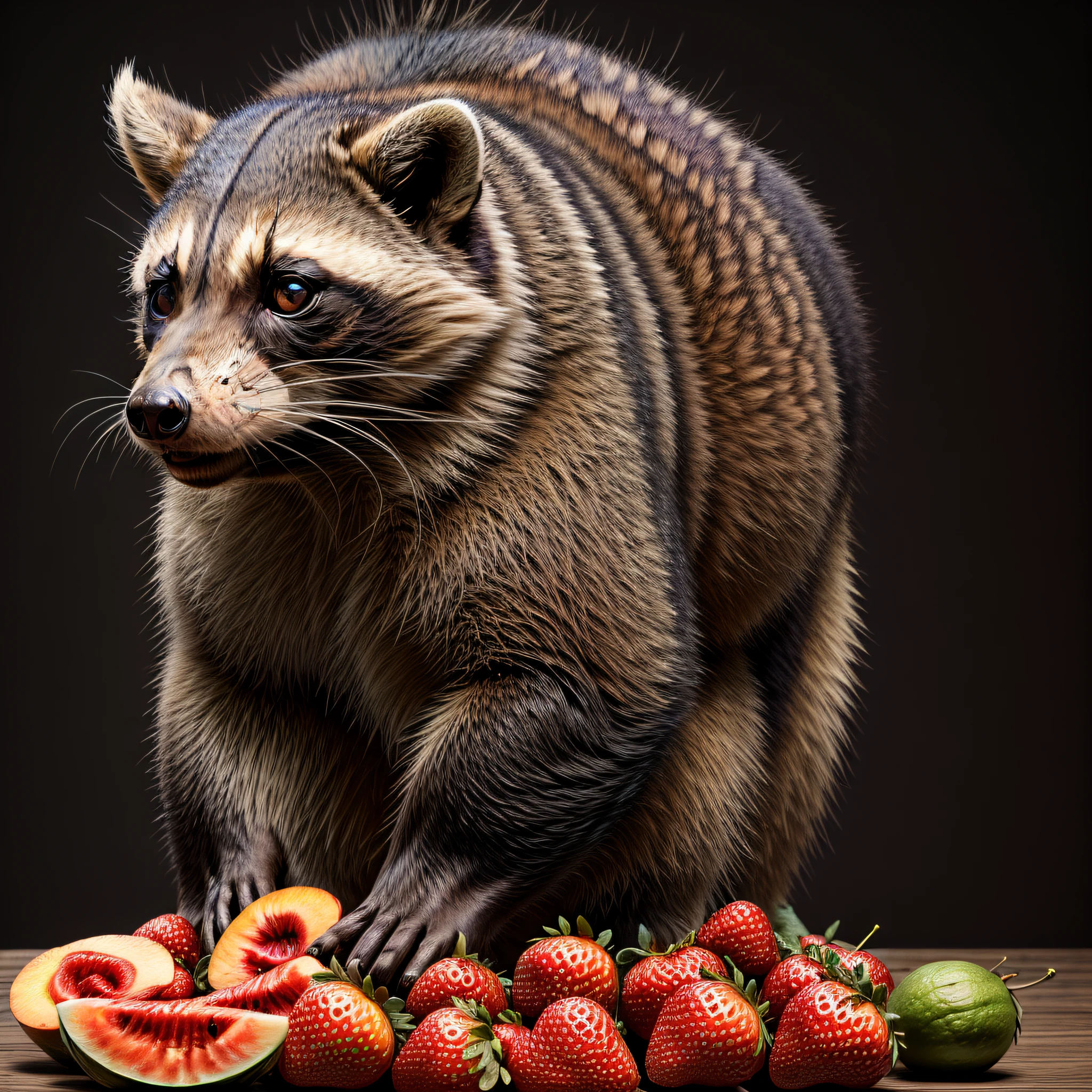 : 3. Raccoon, realistic, hairy, Dressed beast, peach, Dark circles, Blush, cherry, meal, fruit, the whole body, hat, Inhuman, strawberry, raspberry, tomato, watermelon