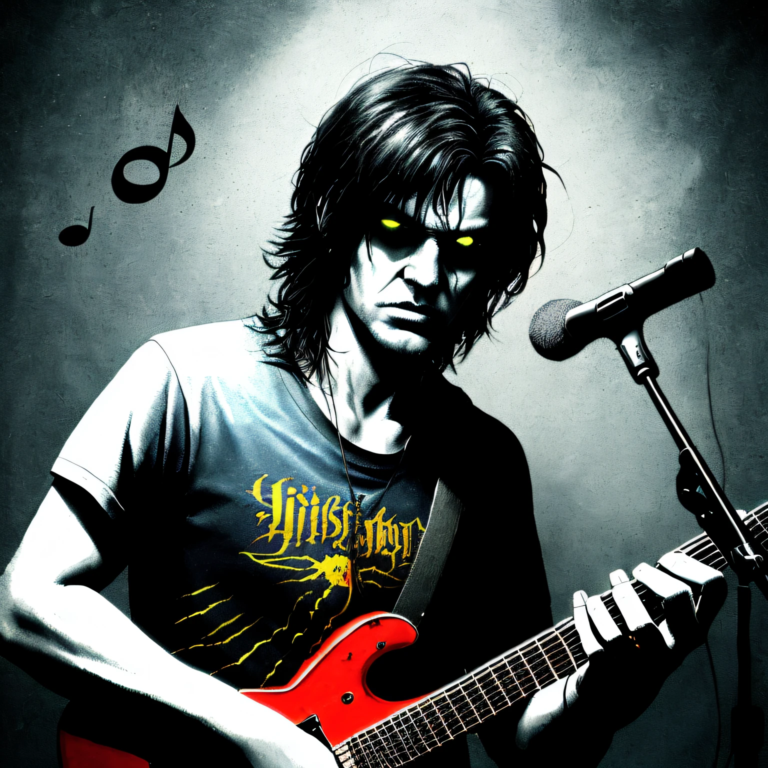 (A realistic and unique rock 'n roll image for T-shirt print, um esqueleto arafed tocando um teclado musical em um quarto escuro com paredes de pedra, ambiente sombrio, sinister atmosphere of music)