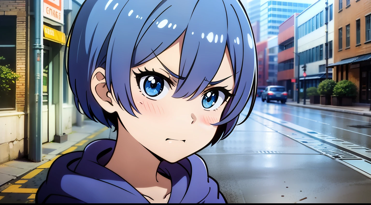 Masterpiece, rem rezero, short hair, blue eyes, angry face, blue hoodie, in the middle of the street, close up, portrait,