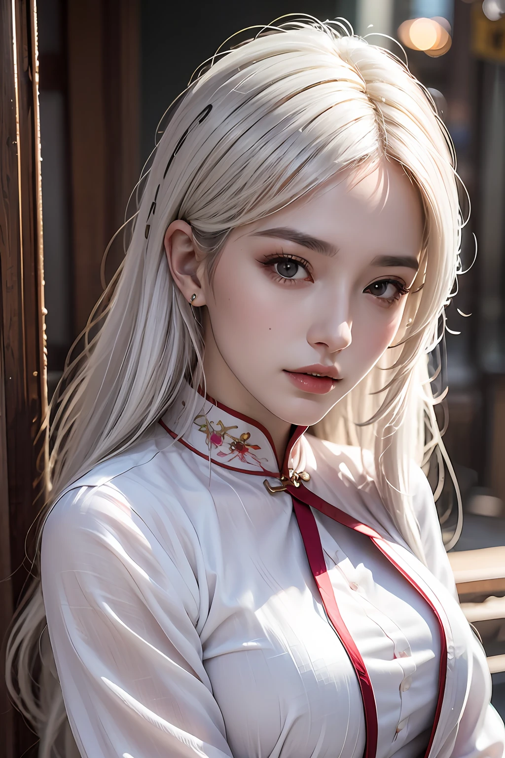 Best quality, masterpiece, ultra high res, (photorealistic:1.4), raw photo, 1girl, white hair, waist up, close up, solo, aodai