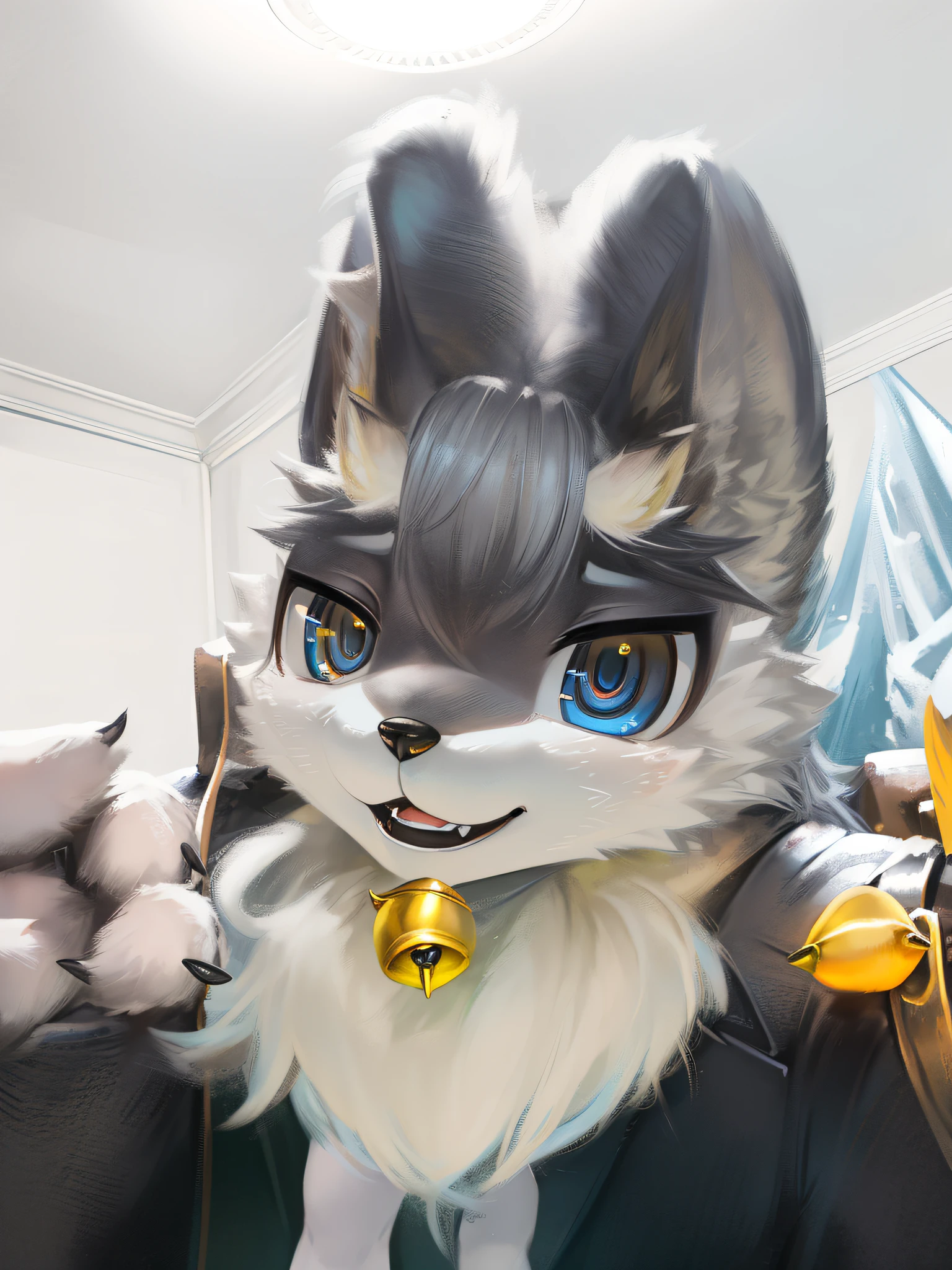 Alafi was wearing a suit,A tie with yellow bells, fursuit, headshot of young female furry, fursuit!!!!, furry character, the furry fursuit is running, 4 k hd fur face!!!, furry fursona, furry wolf, anthro wolf face, holo is a wolf girl, anthropomorphic wolf, silver eyes full body, macro furry