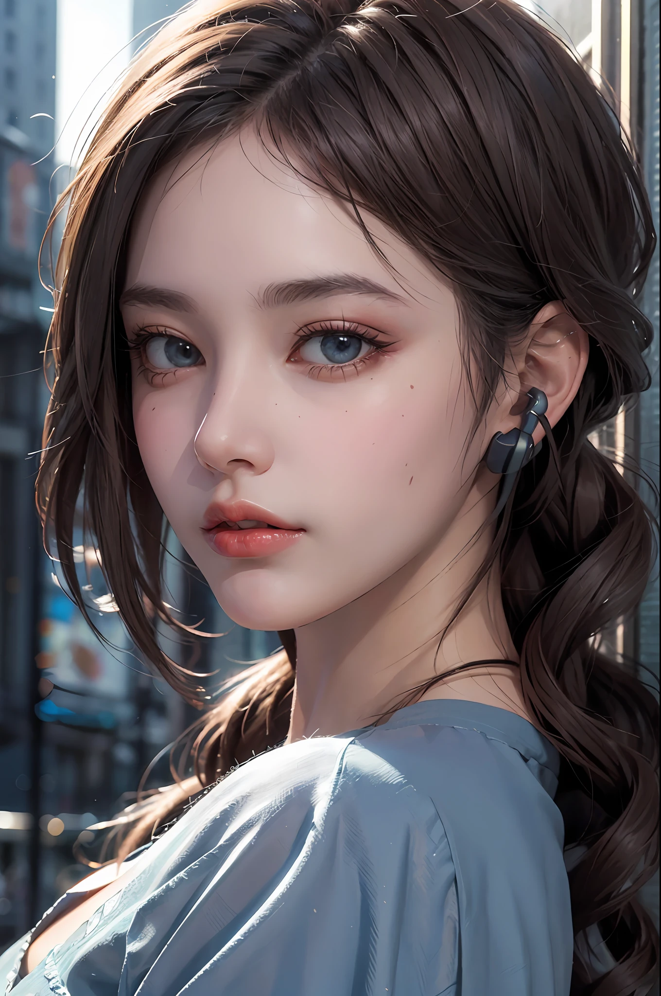 RAW, (8k, best quality, masterpiece: 1.2), (complex detail: 1.4), (photorealism: 1.4), octane rendering, complex 3d rendering super fine, studio soft light, edge light, vibrant detail, super fine, (realistic skin texture: 2), beautiful delicate face, beautiful delicate eyes, extremely detailed CG uniform 8k wallpaper, makeup, (perfect anatomy), (epic), (masterpiece, top quality, best quality, official art, Aesthetics and aesthetics: 1.2), very detailed, colorful, highest detail (super detail)), (highly detailed CG illustration), (very delicate and beautiful), (viewed from the side), cinematic light, city, 1 girl, solo, headphones, cyberpunk