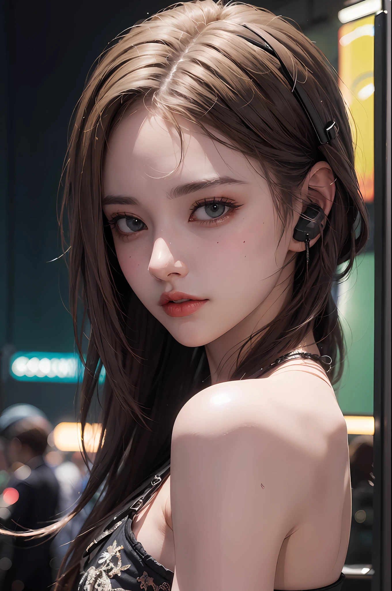 RAW, (8k, best quality, masterpiece: 1.2), (complex detail: 1.4), (photorealism: 1.4), octane rendering, complex 3d rendering super fine, studio soft light, edge light, vibrant detail, super fine, (realistic skin texture: 2), beautiful delicate face, beautiful delicate eyes, extremely detailed CG uniform 8k wallpaper, makeup, (perfect anatomy), (epic), (masterpiece, top quality, best quality, official art, Aesthetics and aesthetics: 1.2), very detailed, colorful, highest detail (super detail)), (highly detailed CG illustration), (very delicate and beautiful), (viewed from the side), cinematic light, city, 1 girl, solo, headphones, cyberpunk
