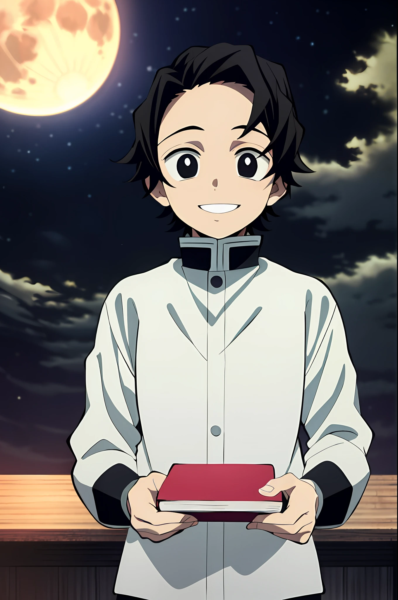 kimetsu no yaiba style, 1boy, demon slayer uniforme, solo, black eyes, smiley, black hair, capa preta, capa, ao ar livre, night, moon, anime coloring, ((masterpiece)),