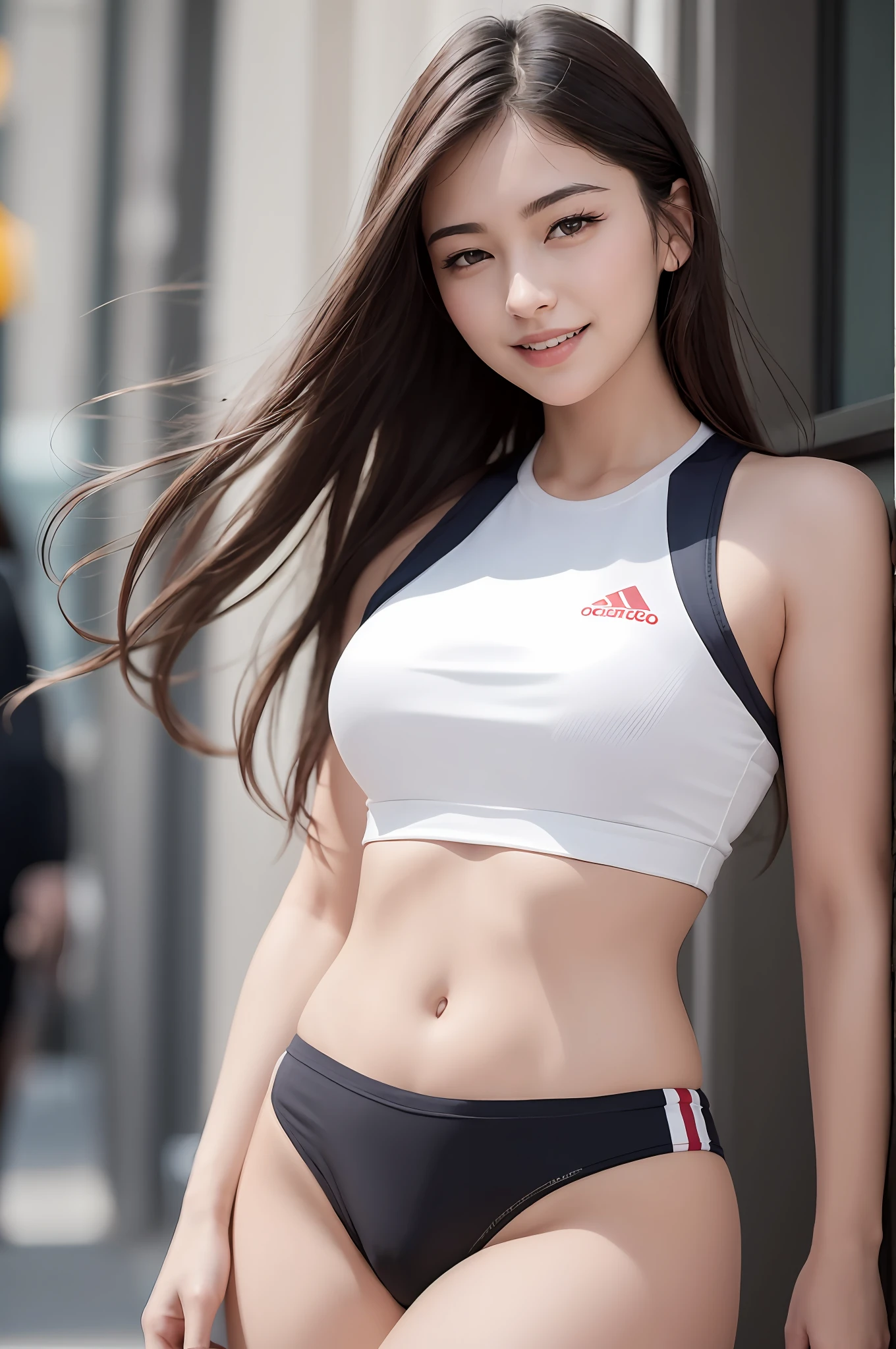 (8K, Top Quality, Masterpiece: 1.2), (Realistic, Photorealistic: 1.37), Super Detail, 1 Girl, 20 years old, Big, Beauty, Cute, Smile, Solo, Athletics, Navel, Uniform, (Nose Red), (Smile: 1.15), (Mouth Closed), Beautiful Eyes, (Long Hair: 1.2), Floating Hair Novafrog style, upper body