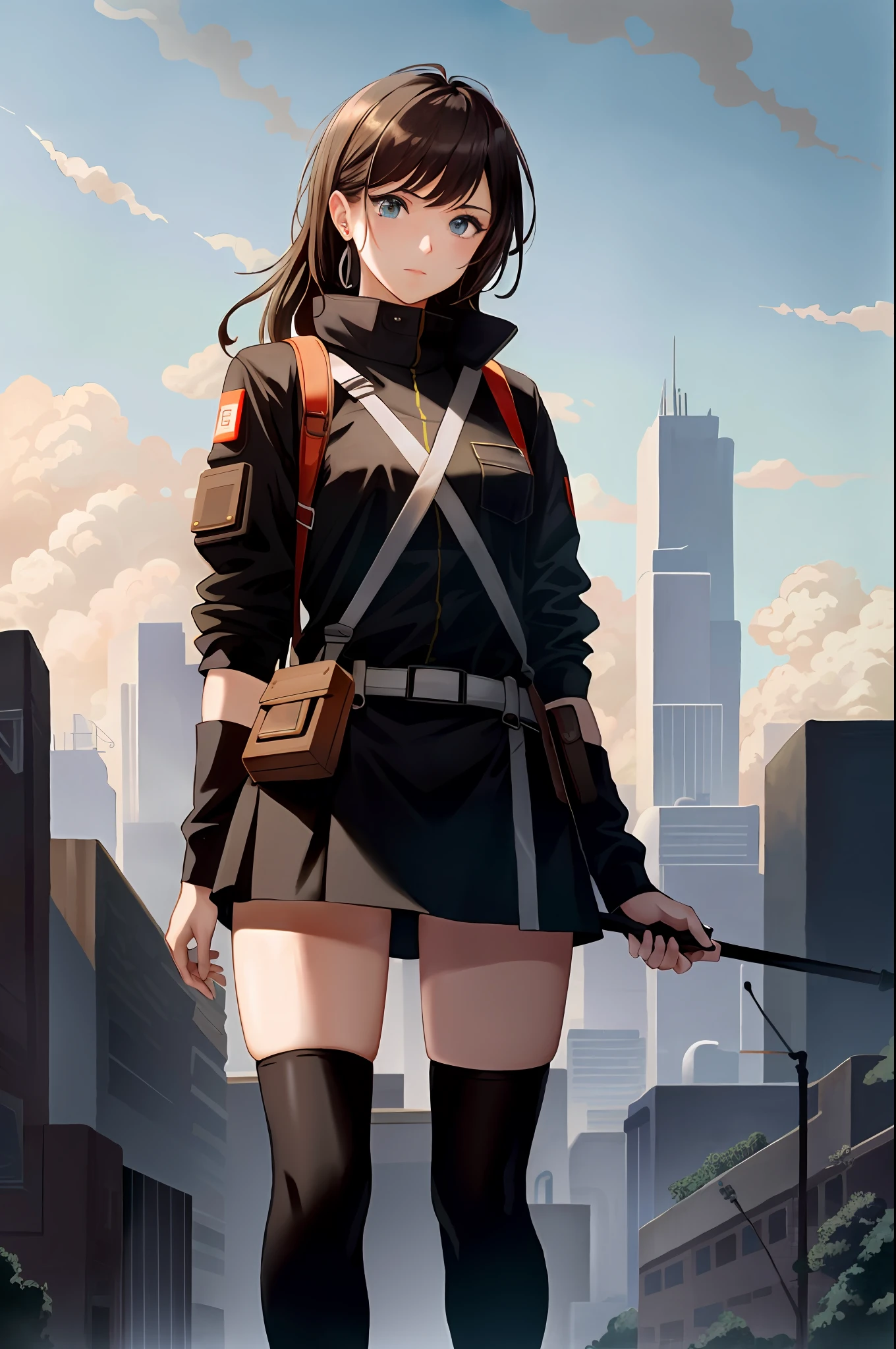 hyper realistic, masterpiece, very detailed, sci-fi, dystopian, (beautiful eyes ), (bangs), brunette, Woman, detailed face, detailed skin, baggy clothes, thigh high socks, skirt, cyberpunk, soft light, subsurface scattering,((skyline)), cumulonimbus clouds, busy street, polluted, dust,