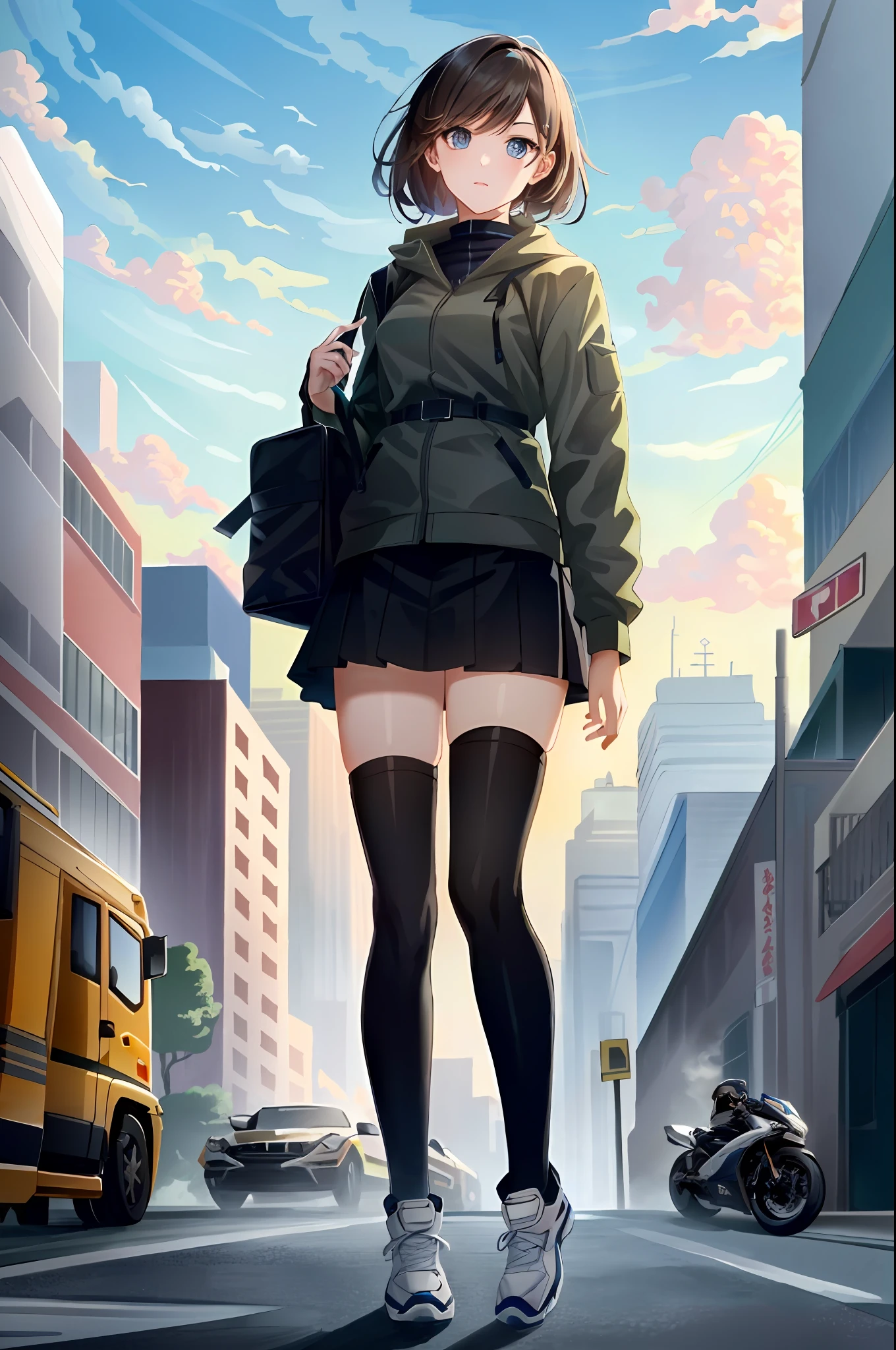 hyper realistic, masterpiece, very detailed, sci-fi, dystopian, (beautiful eyes ), (bangs), brunette, Woman, detailed face, detailed skin, baggy clothes, thigh high socks, skirt, cyberpunk, soft light, subsurface scattering,((skyline)), cumulonimbus clouds, busy street, polluted, dust,