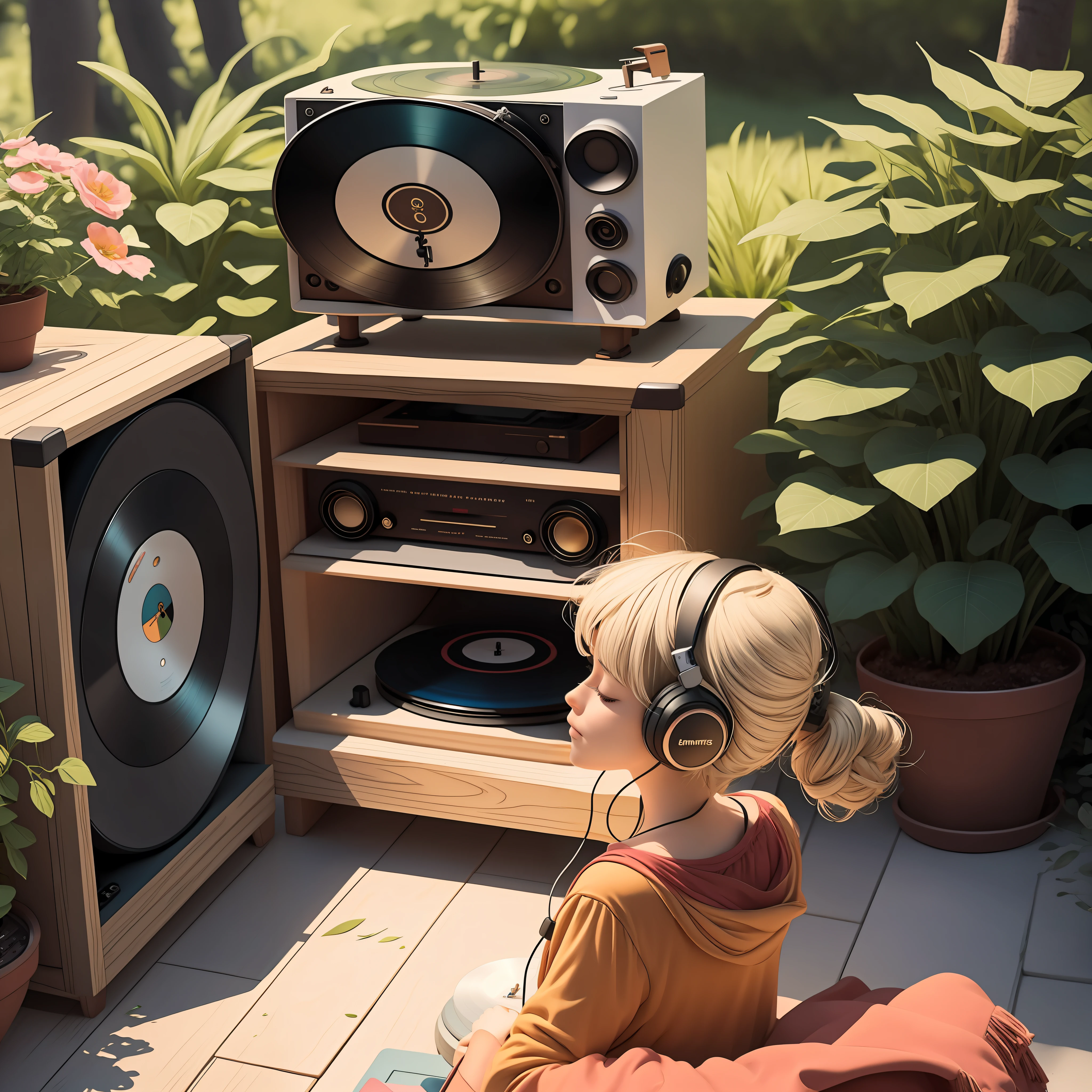 Draw an illustration of a person listening to music in cartoon style on a record player. Adicionar elementos da natureza, como plantas e flores, e use uma paleta de cores suave para criar uma atmosfera relaxante. --auto