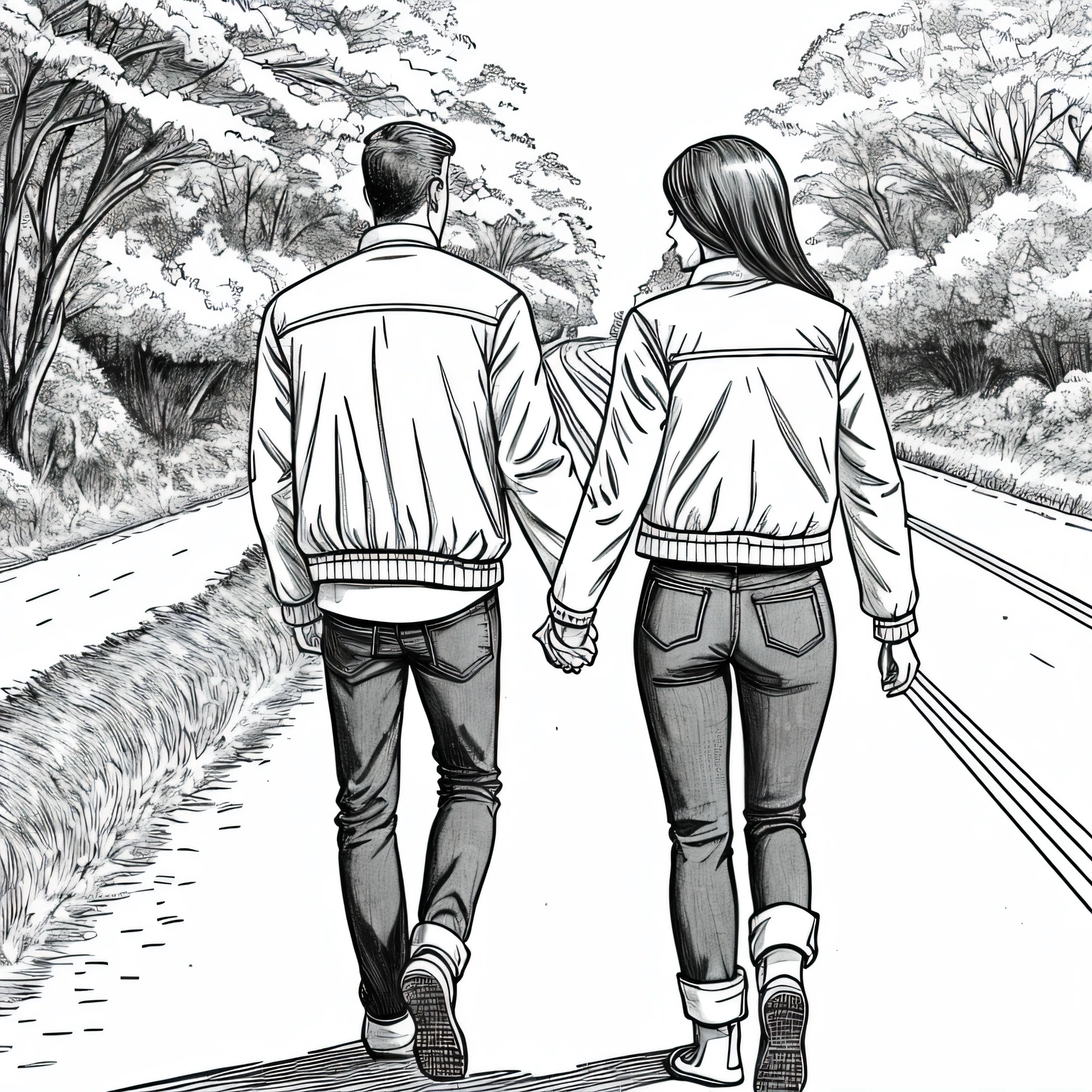 cartoon woman and man holding hands and dressed in jeans and jacket walking away down country road --auto