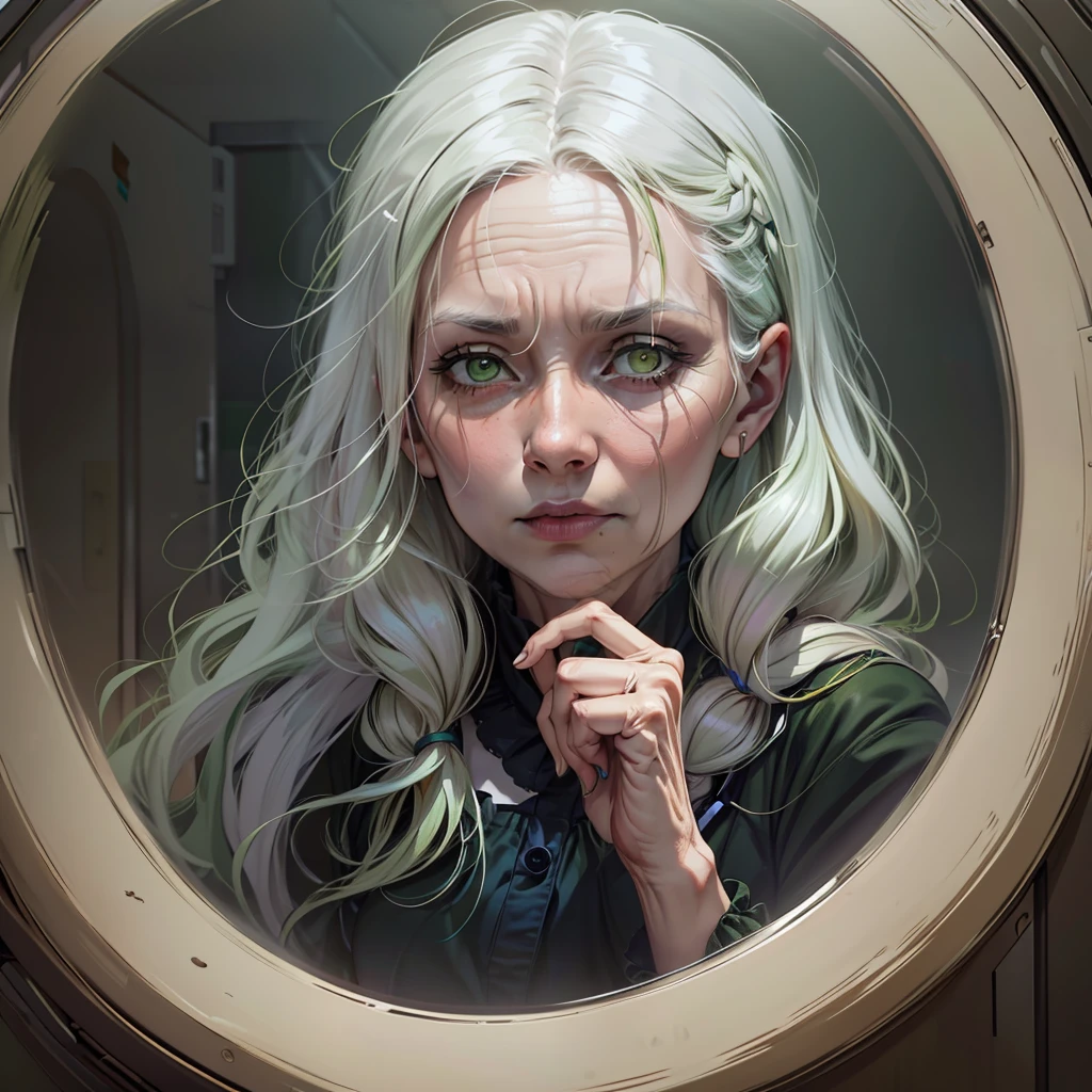 (extremely detailed 8k wallpaper:1.2), (best quality:1.2), (very old woman), ((ghost spirit)), indigenous, thin, sharp focus, (subsurface scattering:1.1), award-winning photograph, (half-body shot from front:1.1), face centered, staring at the viewer, white hair, braids, very brown skin, green eyes:1.2, careful expression, (((( wearing old light green dress))), (standing inside hospital room:1.3), (very detailed background:1.2), dramatic lighting