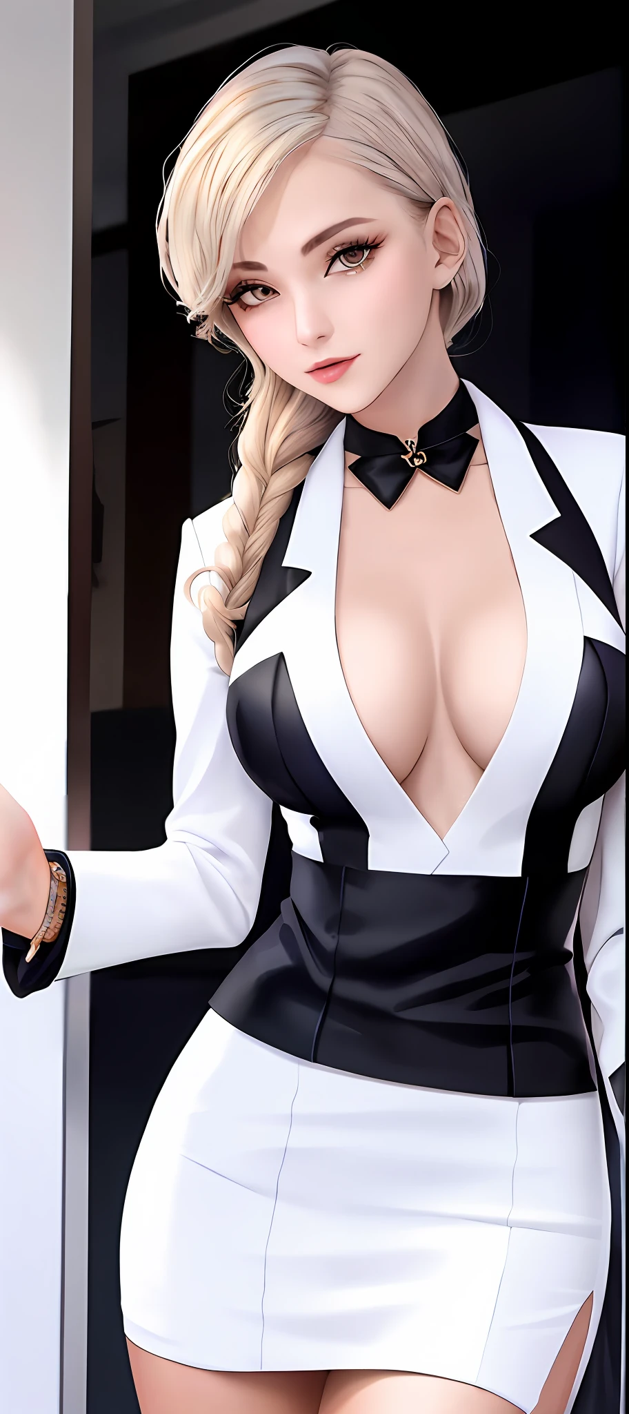 um close up de uma mulher com uma jaqueta preta e top branco, roupa intrigante, jaqueta aberta de decote generoso, vestindo terno apertado, roupa muito sexy, terno liso branco apertado roupas terno, roupa sexy, totalmente vestido, traje apertado, roupa apertada, olhar sexy, terno luxuoso, vestindo um terno nobre preto, Deusa japonesa, sexy :8, em um manequim. alta qualidade