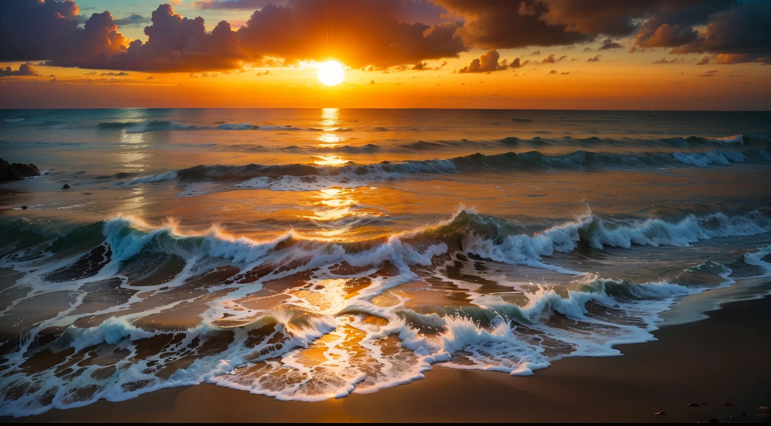 An absolutely mesmerizing sunset over the beach, com uma mistura de laranjas, Roses and yellows filling the sky. The crystal clear waters of the sea gently kiss the coast, com uma praia de areia branca que se estende por toda parte. Um Farol compoem a cena