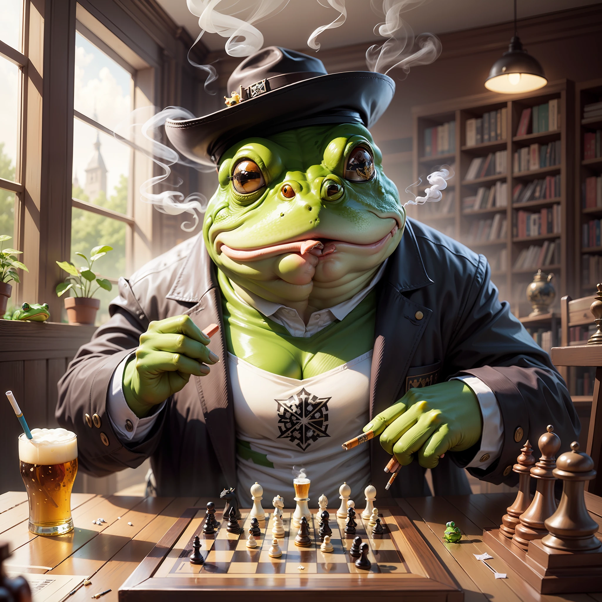 Create a fat frog with a hat playing chess. The frog is smoking cigarettes and drinking beer. The frog is also accessories and has a piercing. There is a library in the background of the image and a picture of the Templars. Add other interesting information to the image. High Definition Image. --auto