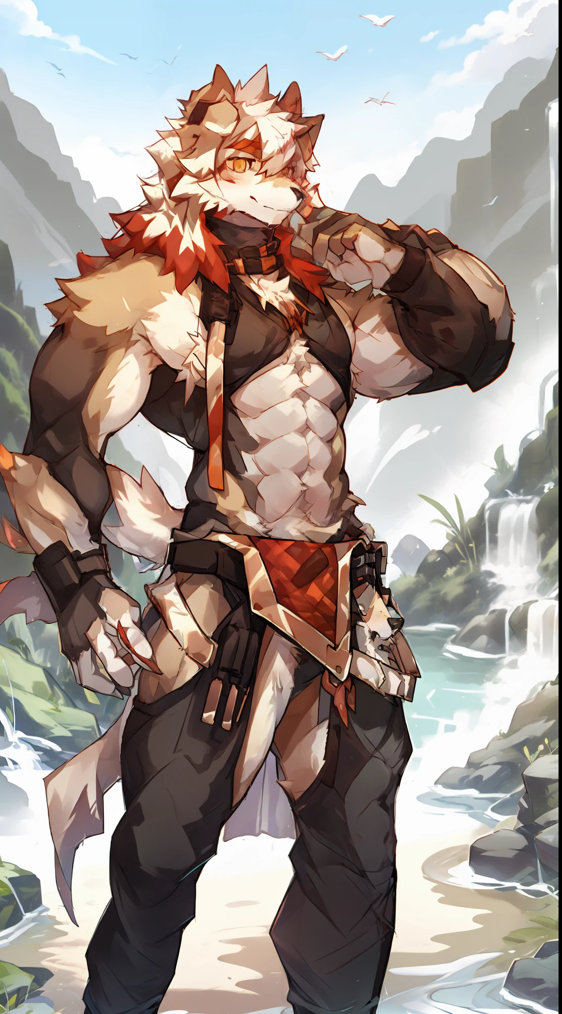 1male furry ，pectorals，The lower body is wearing a loincloth，stands，Shy，Hot springs,