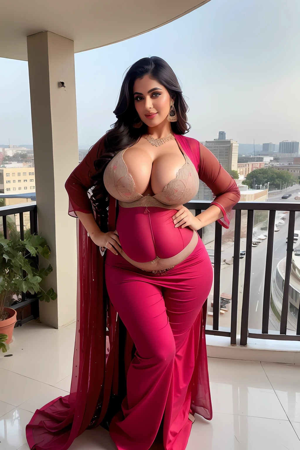 a tall very busty beautiful full toned body women wearing tight sexy kurta shalwar shows her cleavage down towards the camera,perfect face,perfect eyes,HD details,high details,sharp focus,studio photo,HD makeup,shimmery makeup,celebrity makeup,((full body view)) heavy jewelry,((full huge breast)) ((large breast))((huge round breast))(( centered image)) (HD render)Studio portrait,magic, magical, fantasy,pov,((perfect flat belly)) (centered image)(balcony)