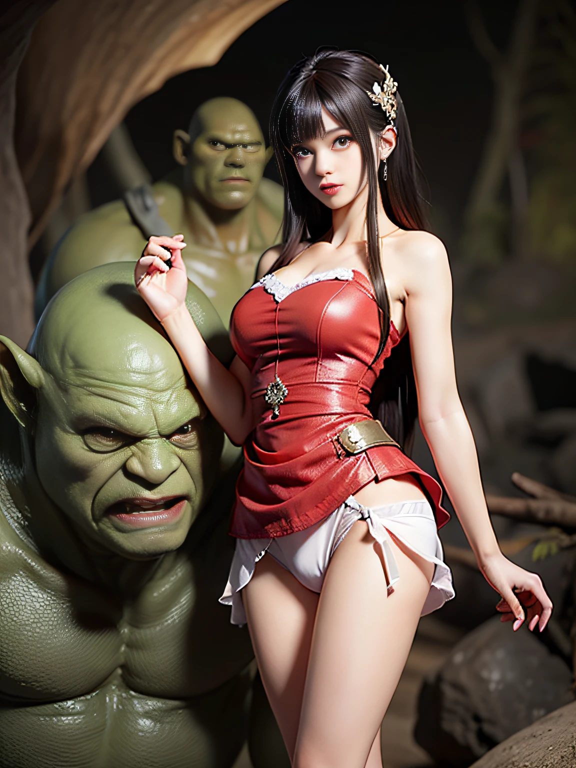darkness,(cave:1.5)、(cave)、Rock floor、Rock wall、Rock ceiling、(spotlight), wife and husband:1.4, 1 girl, 1 tall old Ogre, husband is 1 tall old Ogre, 1 girl is wife,princess hug:1.3,Princess Dakko, Tall old ogre groping from behind a girl in a red dress、pressing your chest against the girl's back、Tall old ogre holds waist,Speak in your ear、Angry look、Watch the girl、Tall old ogre touches girl's waist:1.3、(Husband is tall:1.5),(husband is tall stature:1.5), Girl with long black hair:1.5、(The girl is :1.5)、Girl has a pretty face、Inter-strands, panty shot, up skirt, Skirt lift, (((show off panties:1.3))), ((White cotton panties:1.3)), White cotton panties:1.5, Crotch in panties、Cracks in panties, Camel toe, (Pudendal cleft)、pubic hair with open legs、Skirt lift、Twist the skirt wide、Show beautiful breasts、Open legs、Spread the crotch wide、raise one leg、Skirt lift,show off panties,panty shot,up skirt,skirt hold,Show crotch,Crotch,cameltoe in panties,Red dress,Beautiful legs,Tall Old Ogre and Girl,