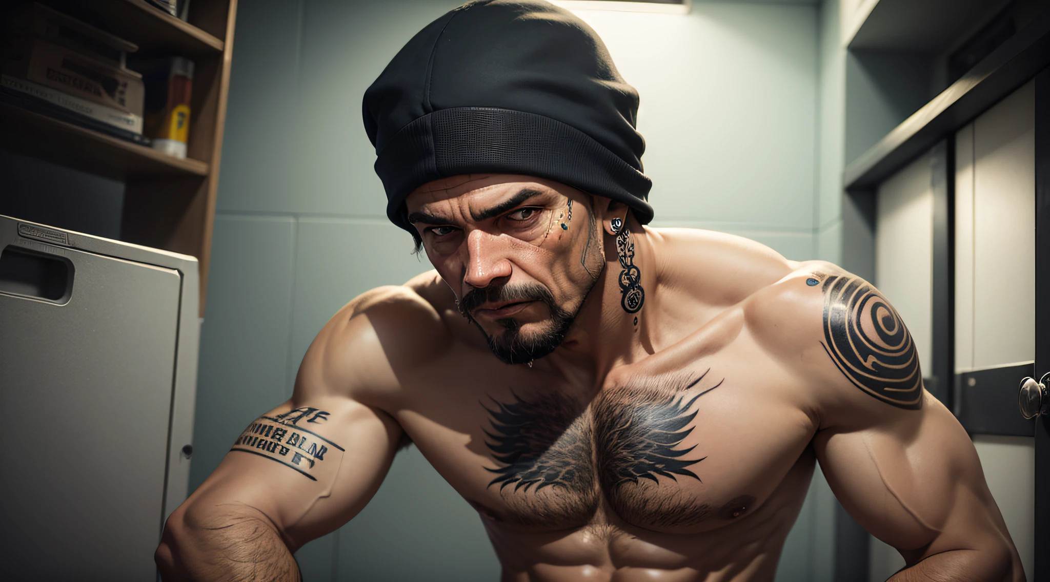 homem velho de toca ninja, fazendo tatuagem, in a police prison cell --auto