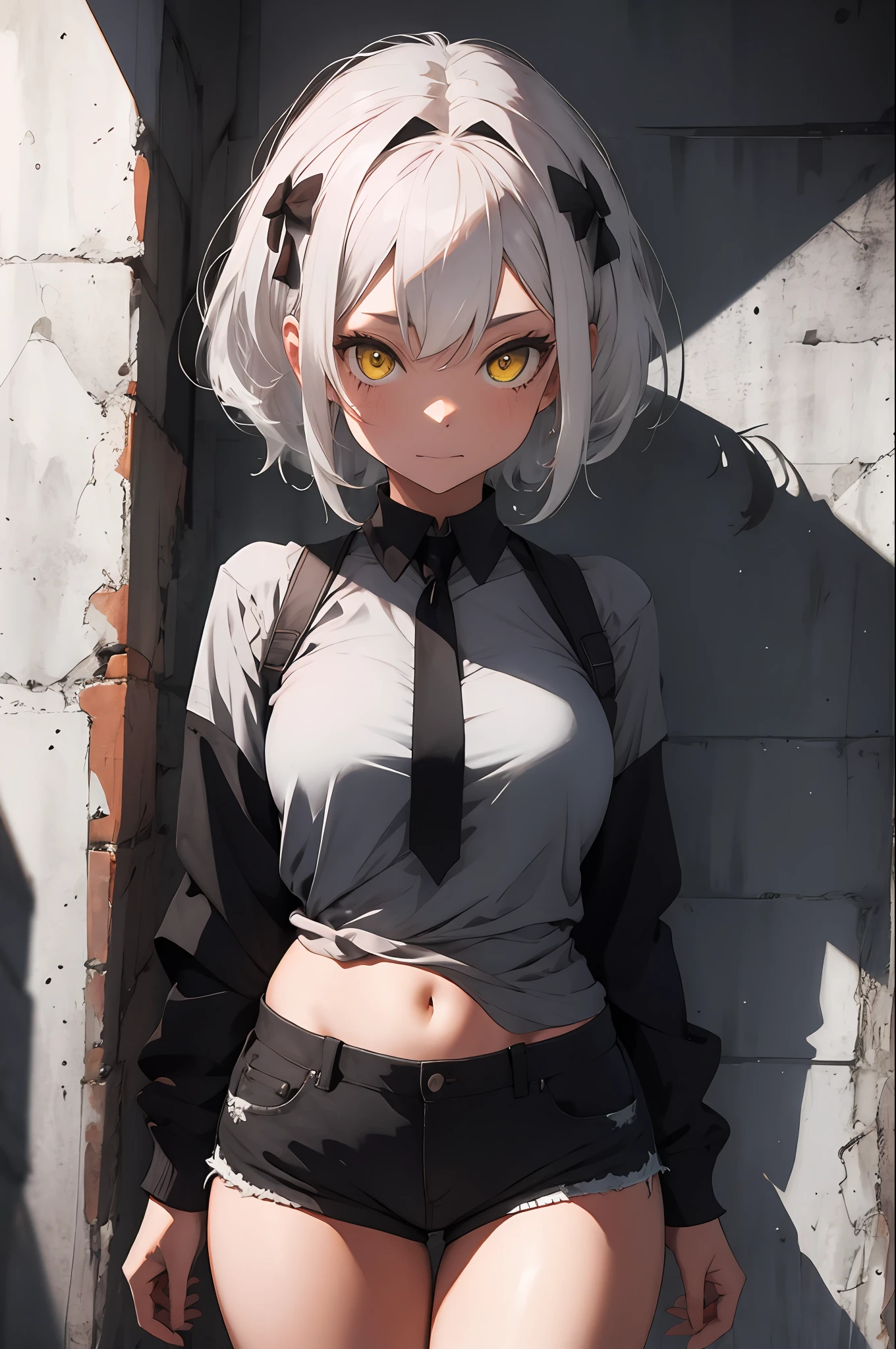 masterpiece, short shorts, masterpiece, best quality, highres, dark persona, watercolor painting theme, (looking at the viewer: 1.1), wide hips, big ass, standing, bent, tojou koneko, yellow eyes, white hair, short hair, hair ornament, white shirt, black ribbon on the neck, tattoo on the abdomen, lust tattoo,