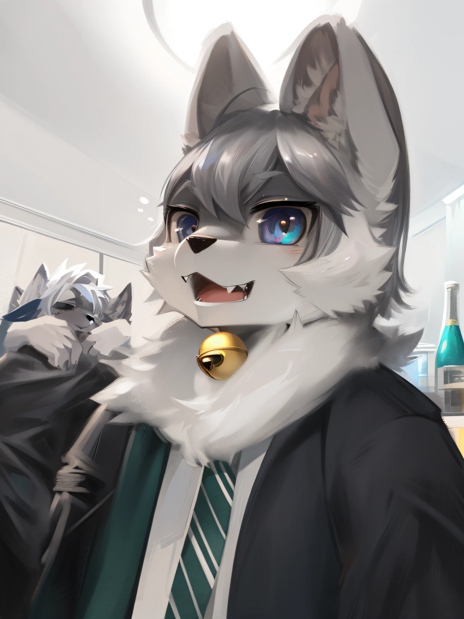 Alafi was wearing a suit，With a tie，Wearing a bell, fursuit, furry character, fursuit!!!!, headshot of young female furry, furry fursona, anthro wolf face, 4 k hd fur face!!!, holo is a wolf girl, furry wolf, asriel dreemurr, fursona!!!!, anthropomorphic wolf, an anthro wolf