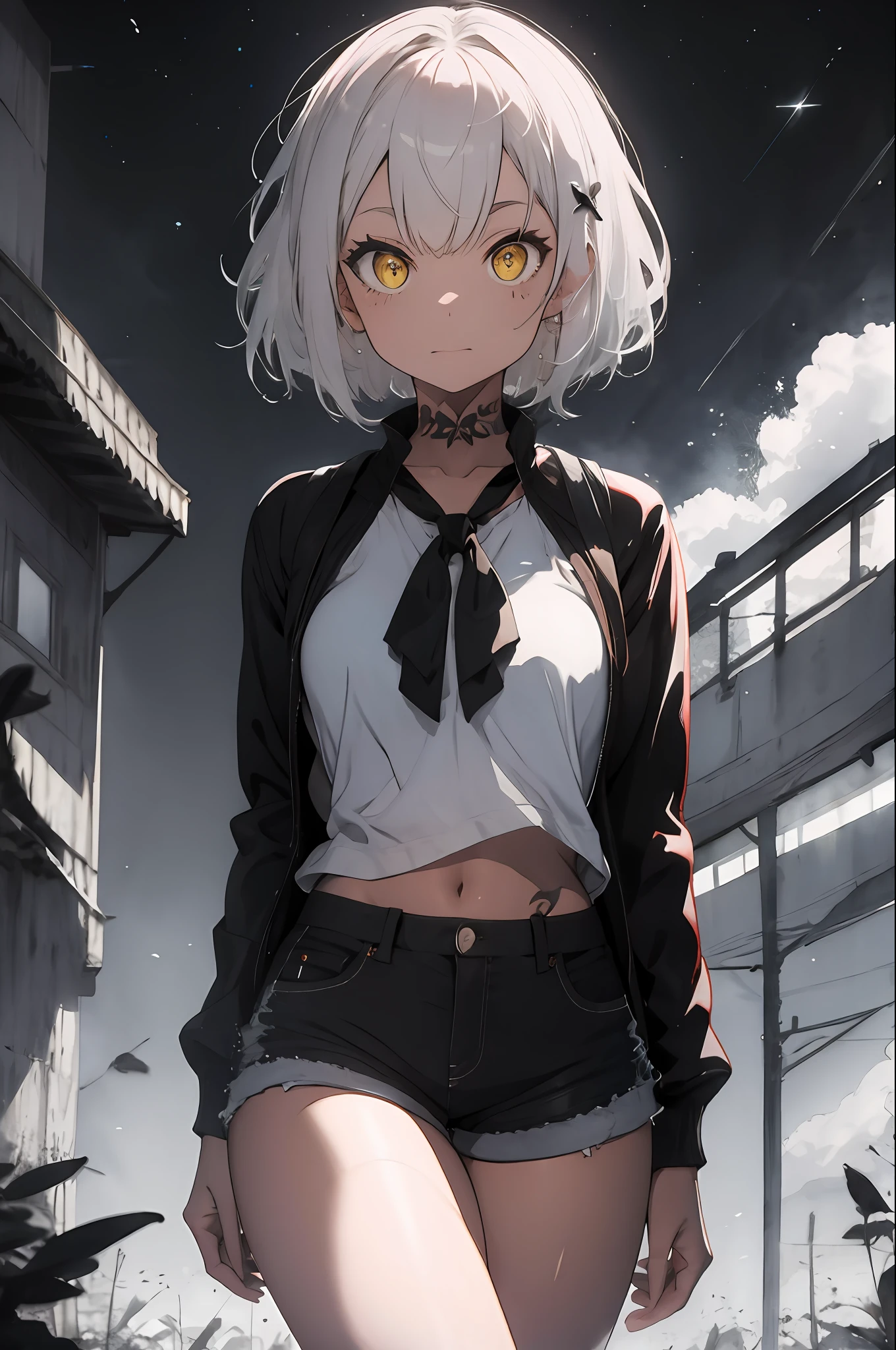 masterpiece, short shorts, masterpiece, best quality, highres, dark persona, watercolor painting theme, (looking at the viewer: 1.1), wide hips, big ass, standing, bent, tojou koneko, yellow eyes, white hair, short hair, hair ornament, white shirt, black ribbon on the neck, tattoo on the abdomen, lust tattoo,