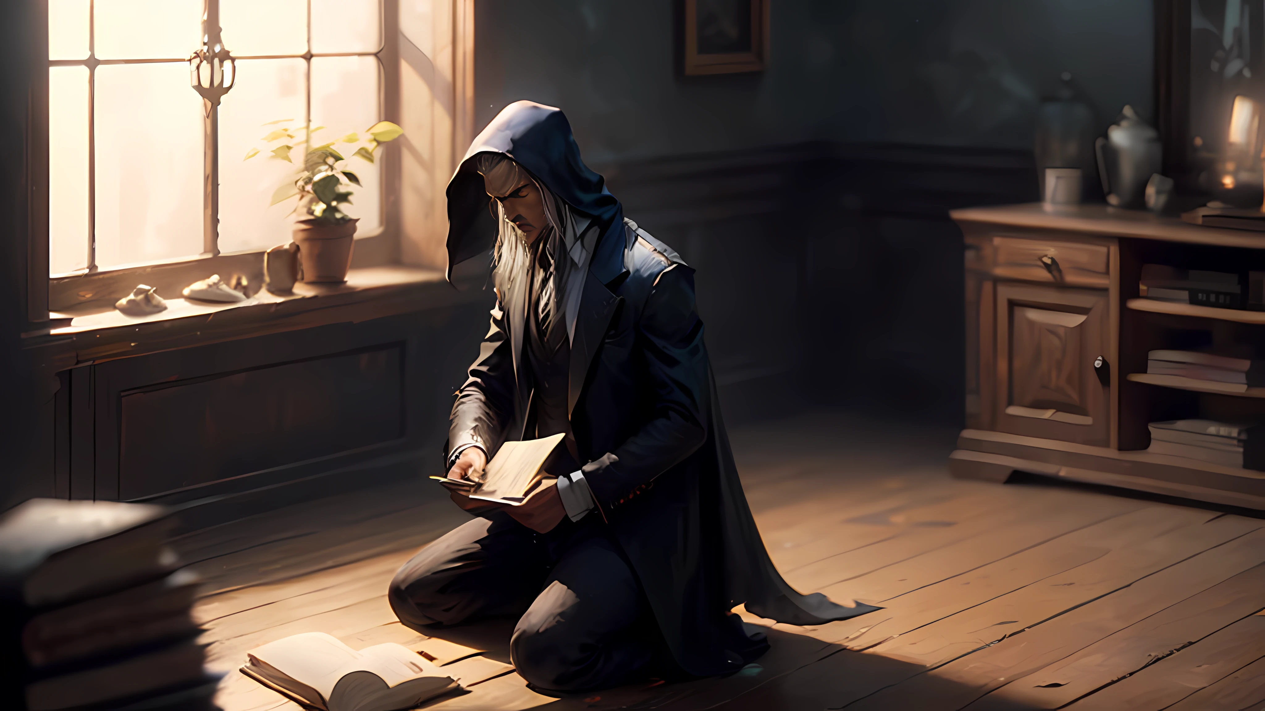mejor calidad, ultra high res, Cara detallada, cara realista, foto y bruto, Realistic scene of a man on his knees in a black suit white shirt and black tie praying in a room with a small window next to it a Bible on a desk, formas detalladas, intrincadas, ultradetalados, Pale skin, (ketch de hombre de cuerpo completo), 2 manos, 5 dedos, 2 pies, zapatos negros (((marco de longitud completa))), (cabello corto ), textura natural de la piel, dim lighting, (Amazing skin detail: 1.1), (piel natural: 1.1), ultradetallada, (intrincadamente detallada, detalles finos, hiperdetallada), kinematics, hiperrealista, Luz suave hiperrealista, Studio lighting, diffused soft lighting, profundidad de campo reducida, Sharp focus bokeh, —car --auto
