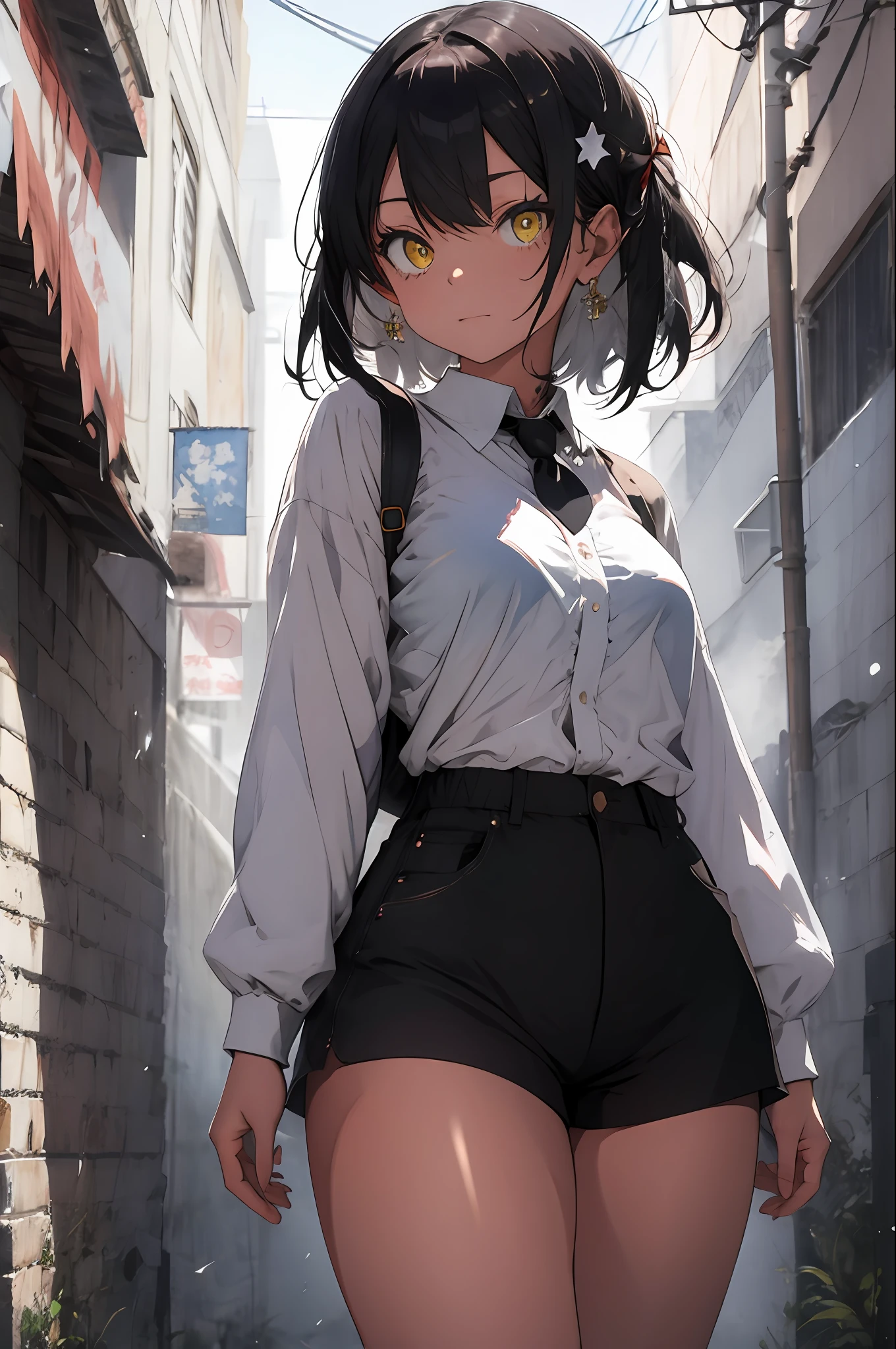 masterpiece, short shorts, masterpiece, best quality, highres, dark persona, watercolor painting theme, (looking at the viewer: 1.1), wide hips, big ass, standing, bent, tojou koneko, yellow eyes, white hair, short hair, hair ornament, white shirt, black ribbon on the neck, tattoo on the abdomen, lust tattoo,