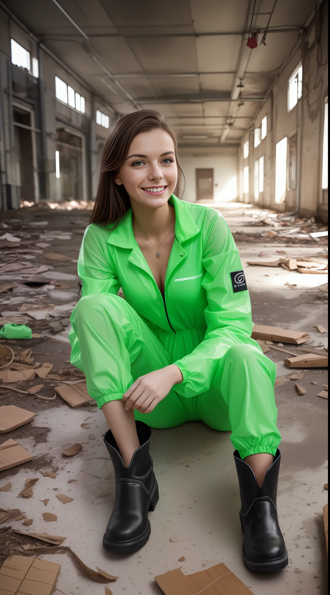 German woman, 23 years old, wearing a waterproof fluorescent green jumpsuit, boots, smiling, laying in an abandoned factory floor, dusty