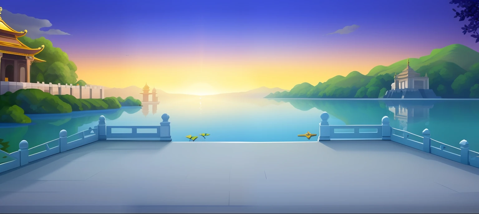 there is a painting of a beautiful view of a lake, lake background, beautiful lake background, palace background, temple background, mobile game background, background artwork, royal garden background, detailed lake in background, island background, detailed scenery —width 672, background art, game background, background depicting a temple, light kingdom backdrop, Dawn background, golden hour background --auto