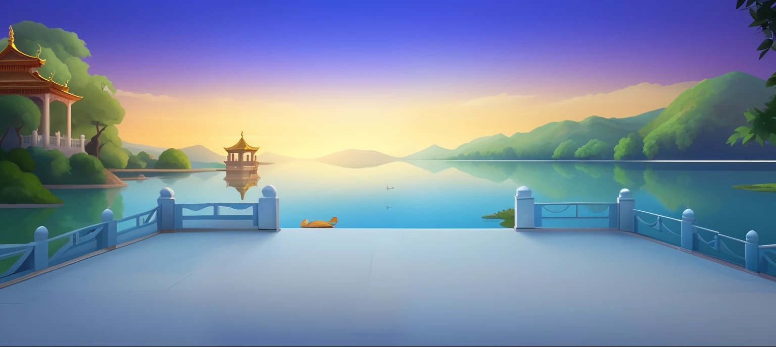 there is a painting of a beautiful view of a lake, lake background, beautiful lake background, palace background, temple background, mobile game background, background artwork, royal garden background, detailed lake in background, island background, detailed scenery —width 672, background art, game background, background depicting a temple, light kingdom backdrop, Dawn background, golden hour background --auto
