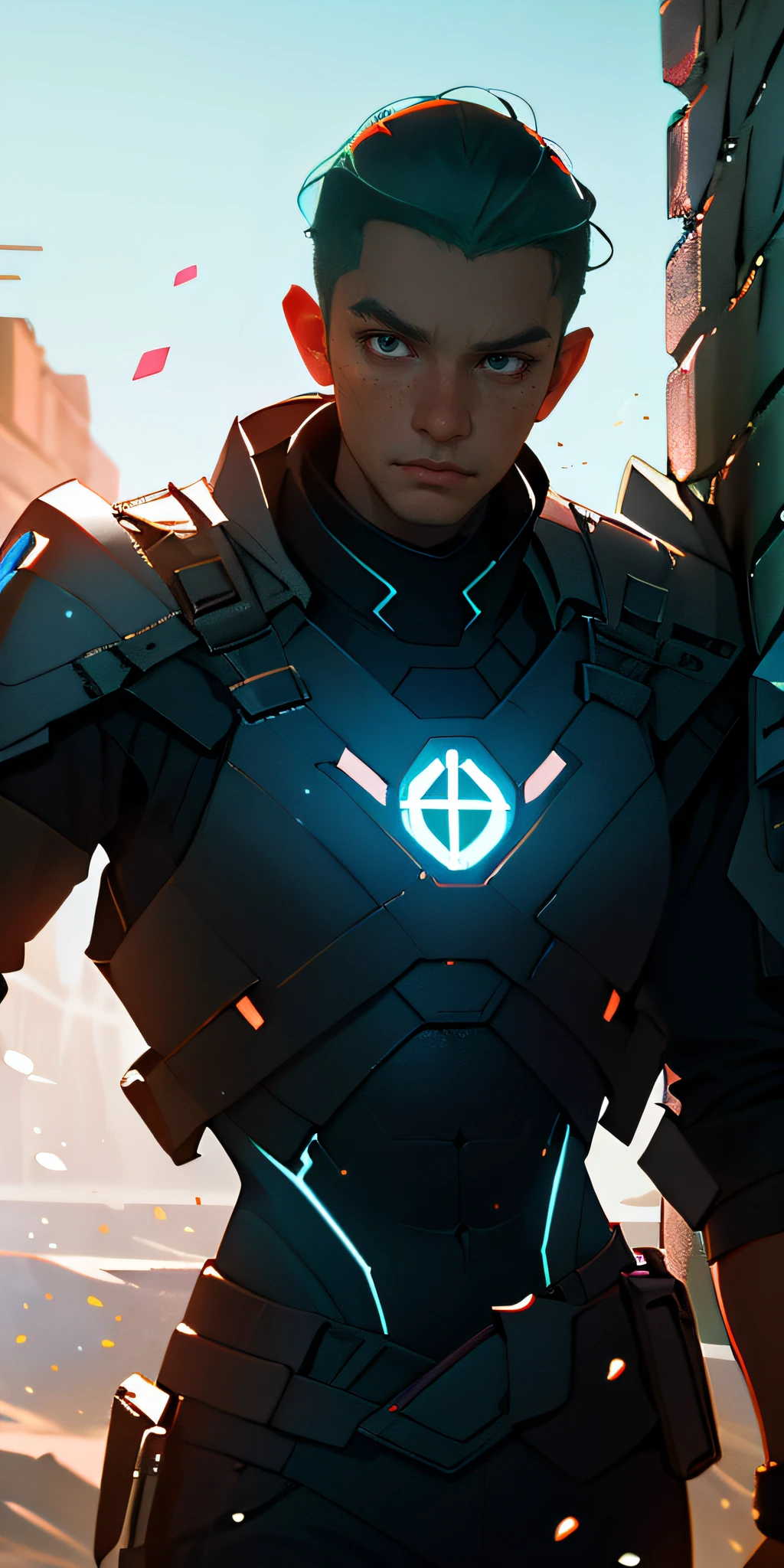 (best quality, masterpiece, octane render), futuristic soldier having a break, leaning against a wall, particle, wind, looking at viewer, backlighting, upper body, dynamic pose (muscular: 1.5)